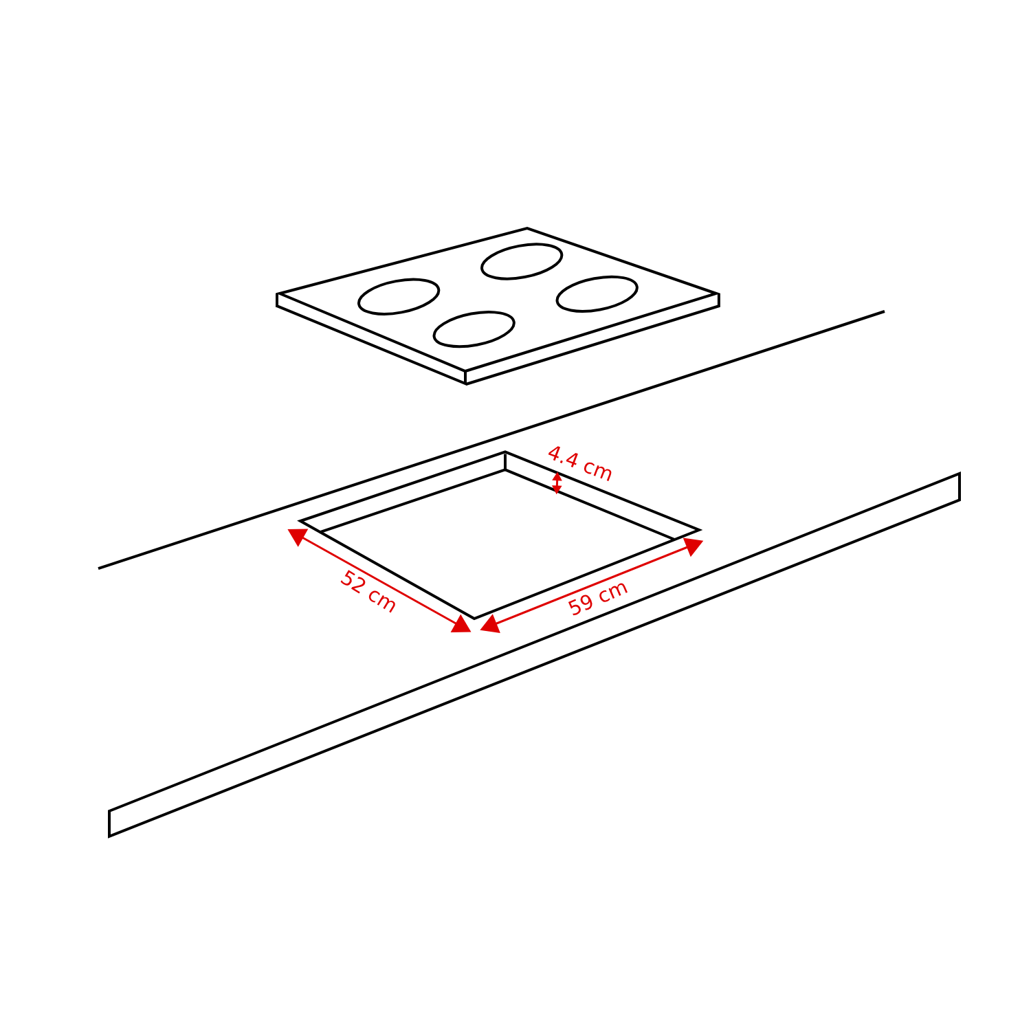Diagram toont kookplaat en uitsnede in werkblad met afmetingen 59 cm, 52 cm en 4.4 cm.