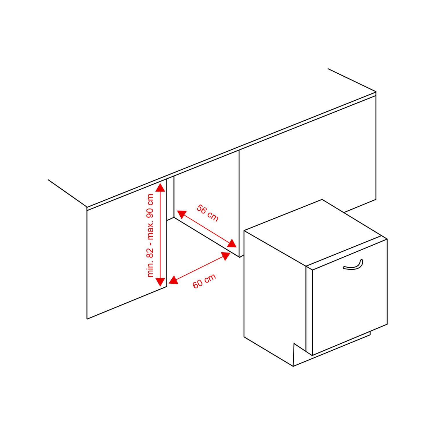 Dessin au trait d'un espace lave-vaisselle encastrable avec des dimensions de 81,8 cm, 59,6 cm et 56 cm.