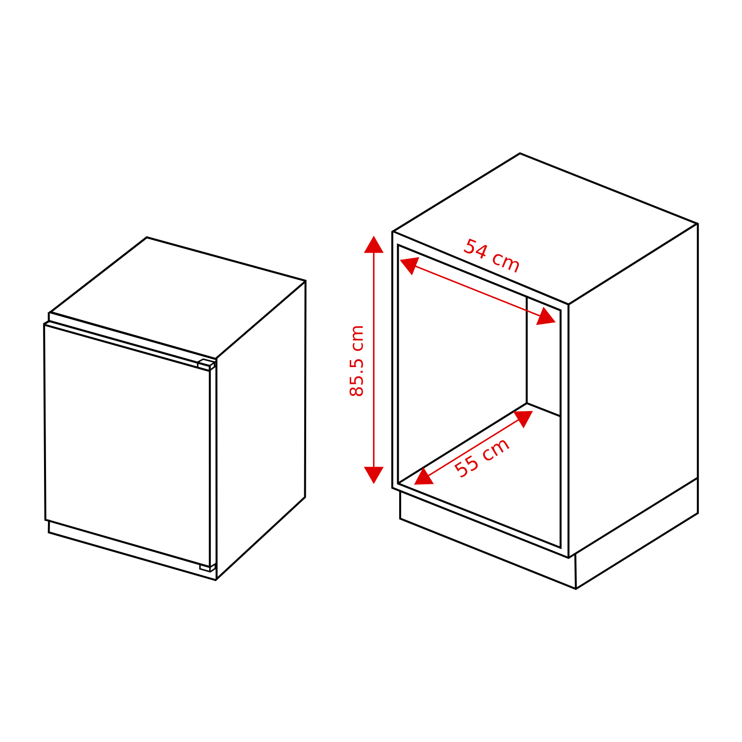Line drawing of a cabinet with dimensions: height 85.5 cm, width 54 cm, and depth 55 cm.