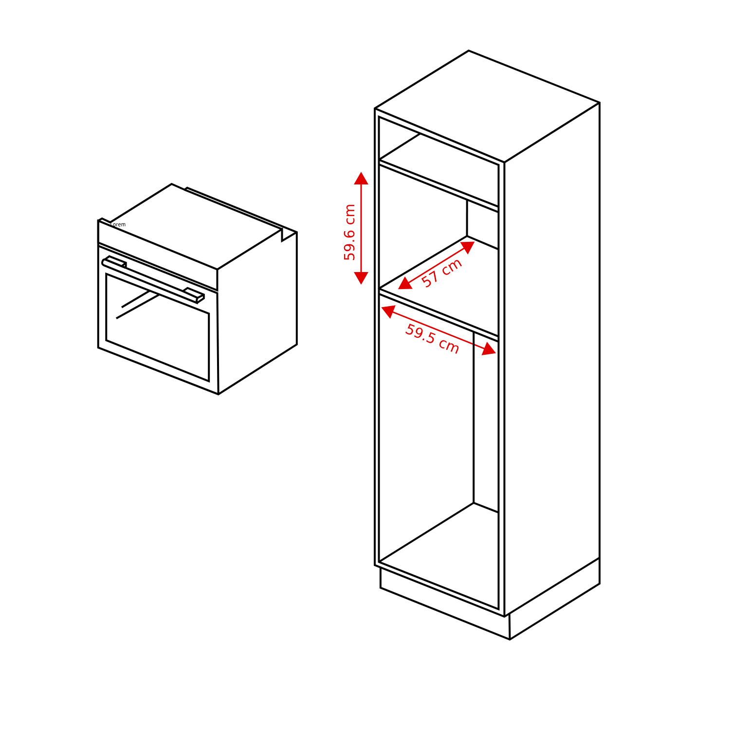 Technische schets van een inbouwoven en een hoge keukenkast met rode maatpijlen in centimeters.