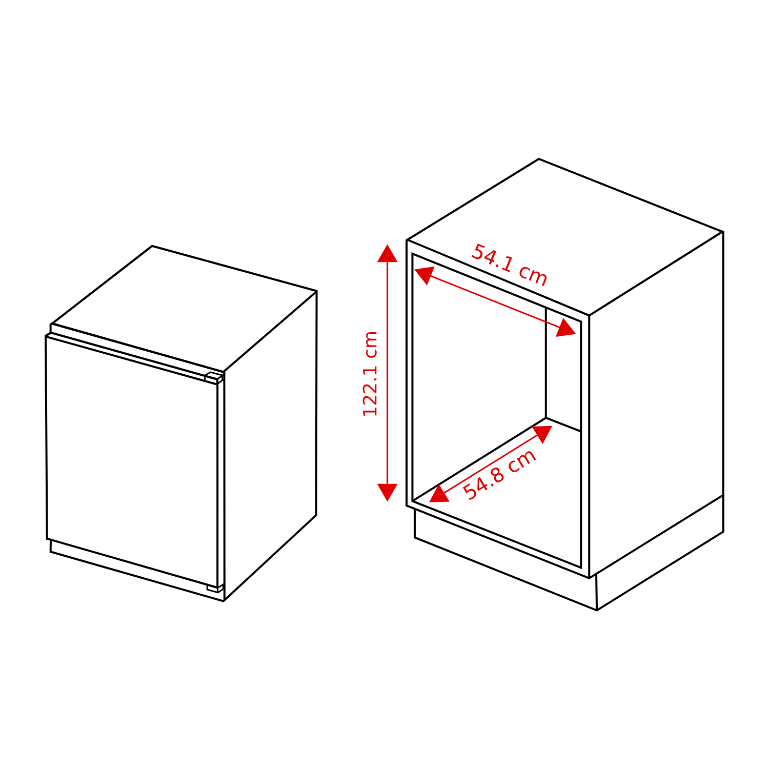 Dessin technique de deux éléments de cuisine avec des dimensions rouges en centimètres sur fond blanc.