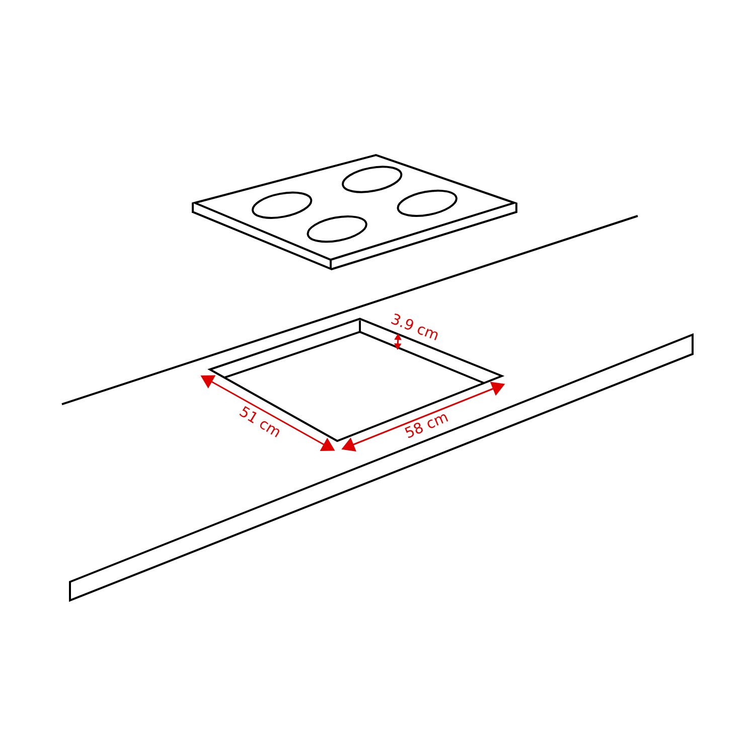 Dessin au trait d'une découpe de plan de travail de table de cuisson avec des dimensions de 58 cm, 51 cm et 3,9 cm.