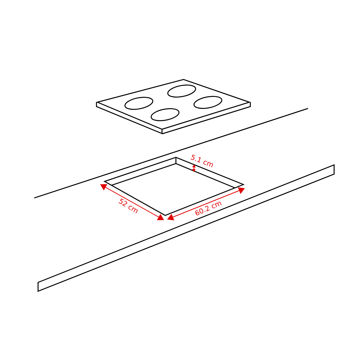 Diagram met inbouwmaten van een kookplaat van 60,2 cm breed, 52 cm diep en 5,1 cm hoog.