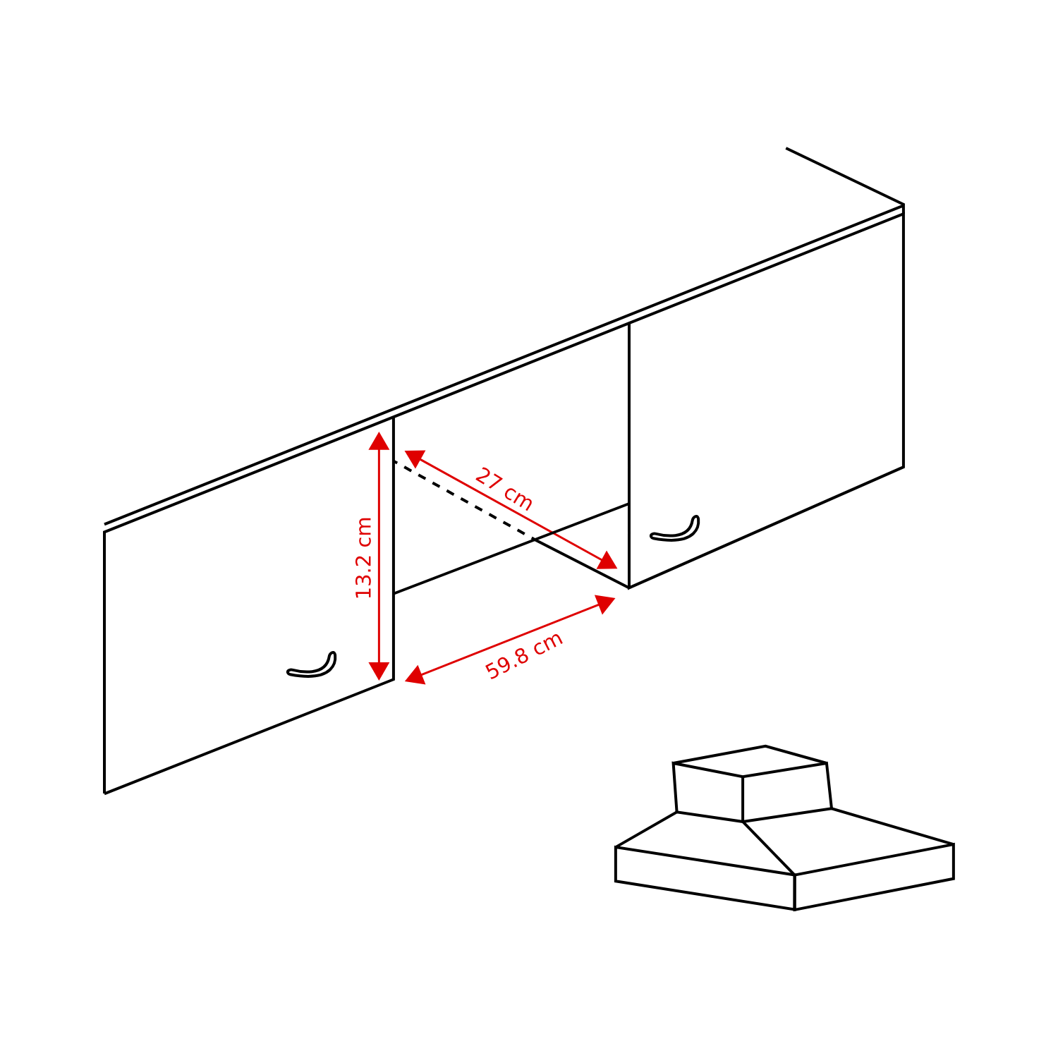 Technische tekening van bovenkasten met afmetingen en een afzuigkap.