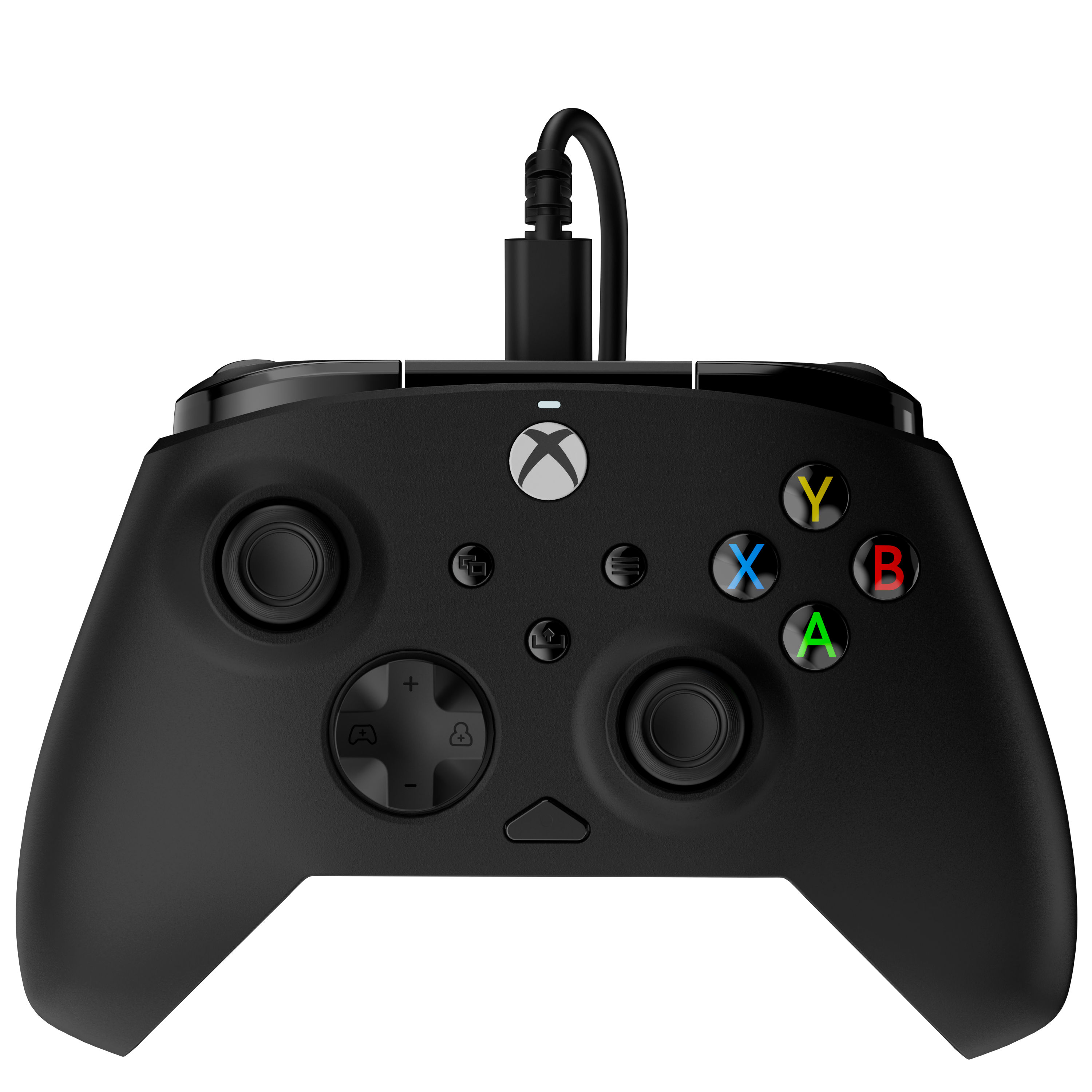 Une manette Xbox noire avec des boutons colorés et un câble branché, sur fond noir.