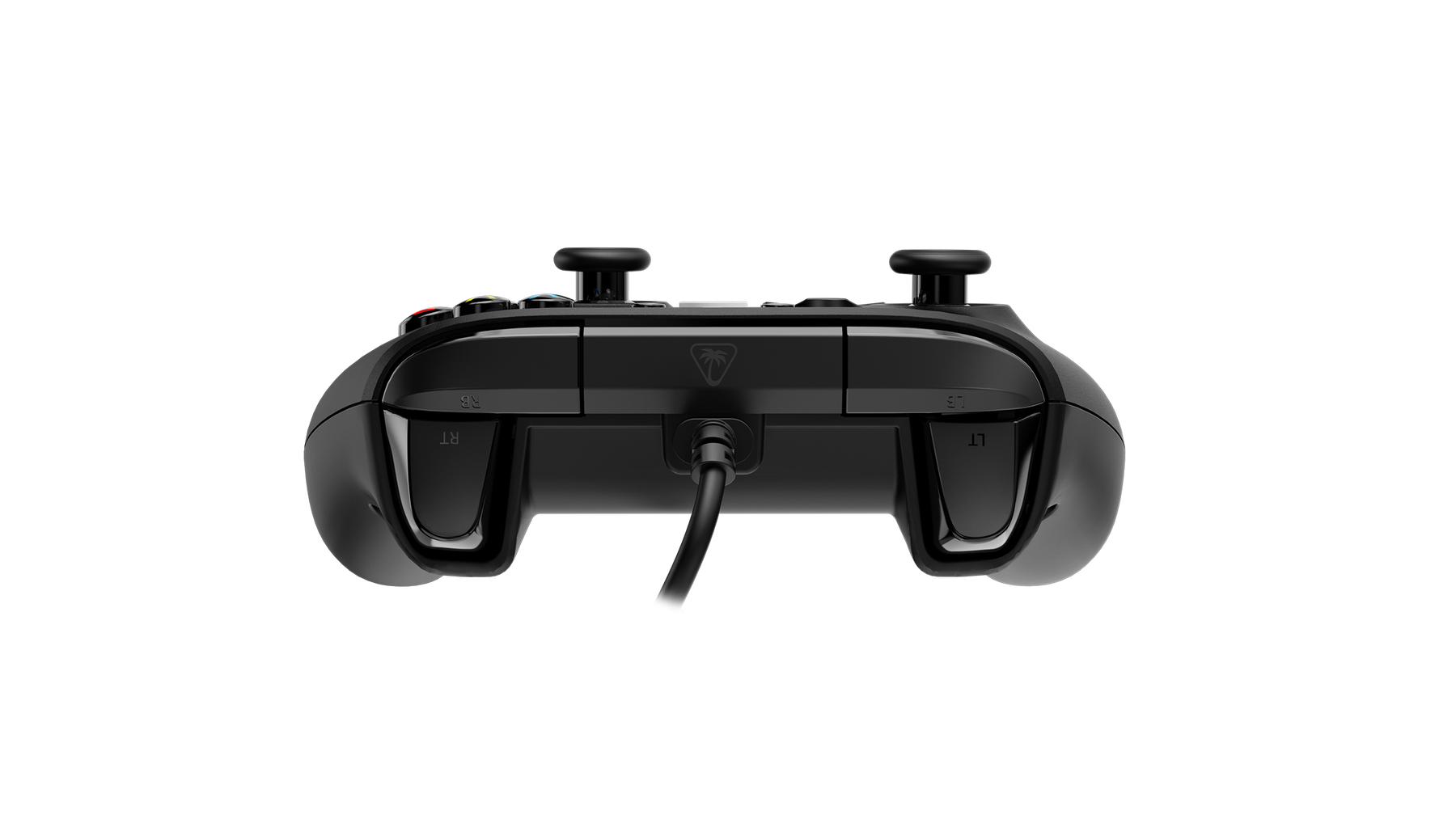 Une manette de jeu filaire noire vue du dessus, avec des boutons de tranche et des joysticks sur fond noir.