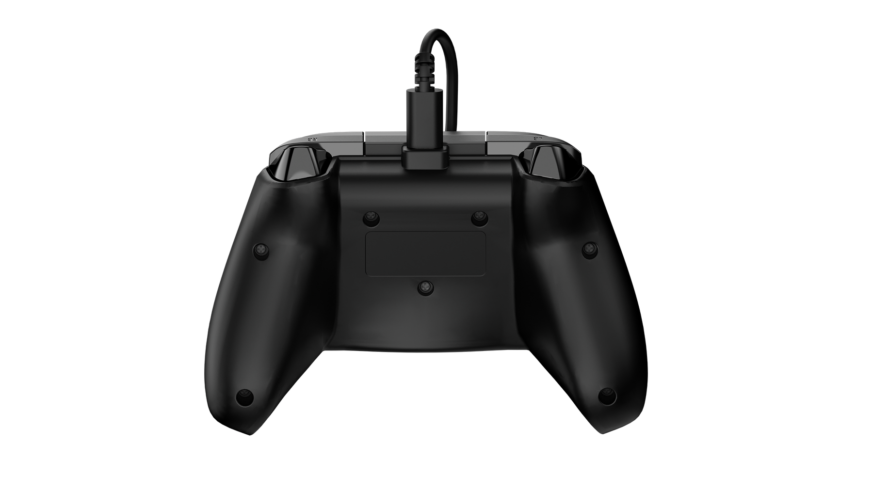 Arrière d'une manette de jeu noire avec un câble USB connecté sur fond noir.