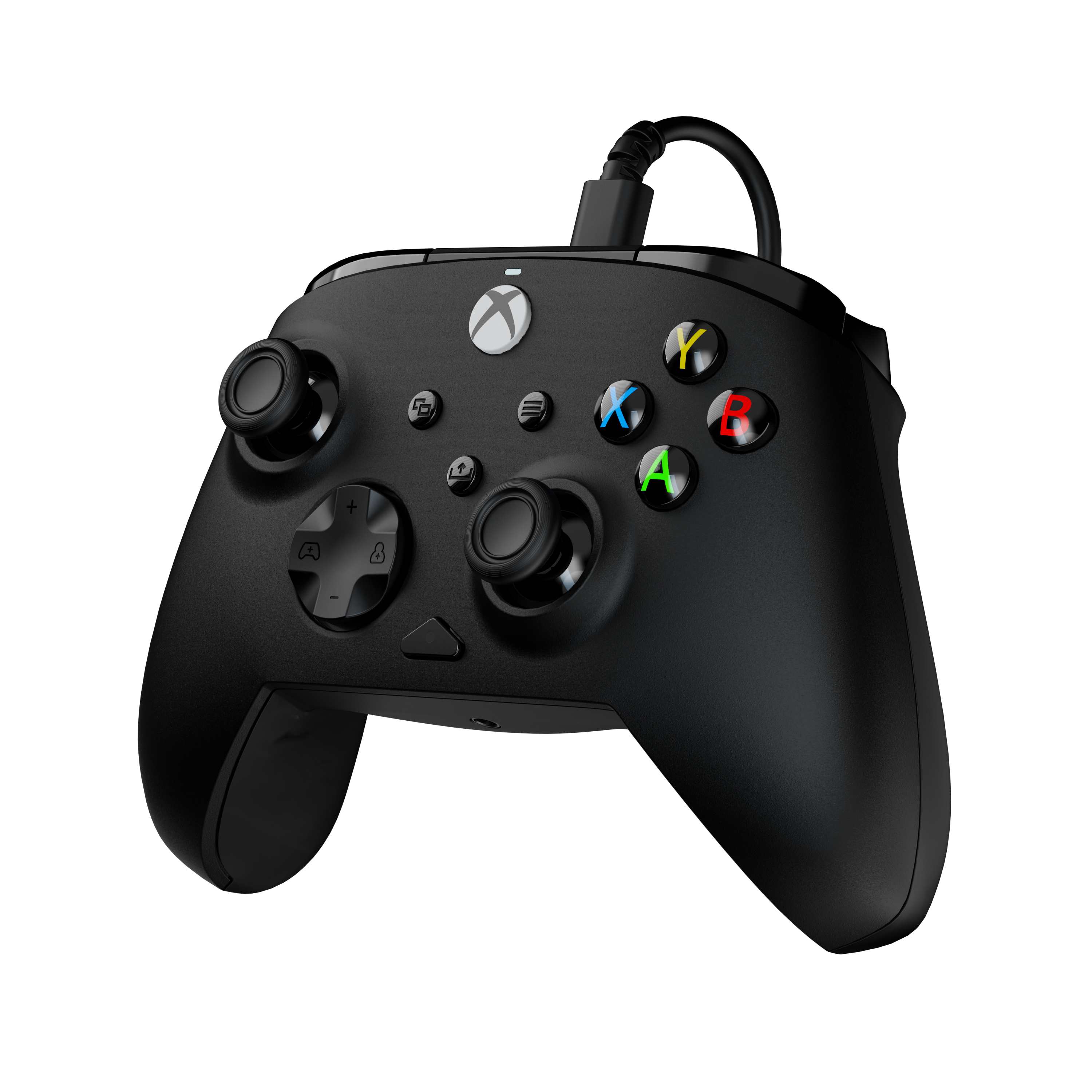 Manette Xbox noire filaire avec boutons ABXY colorés et deux joysticks sur fond noir.