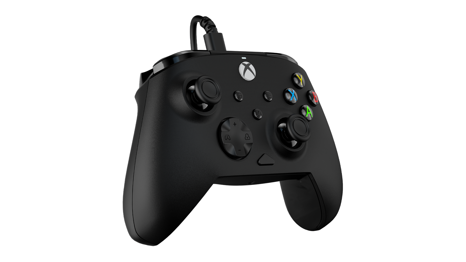 Manette Xbox noire filaire sur fond sombre.