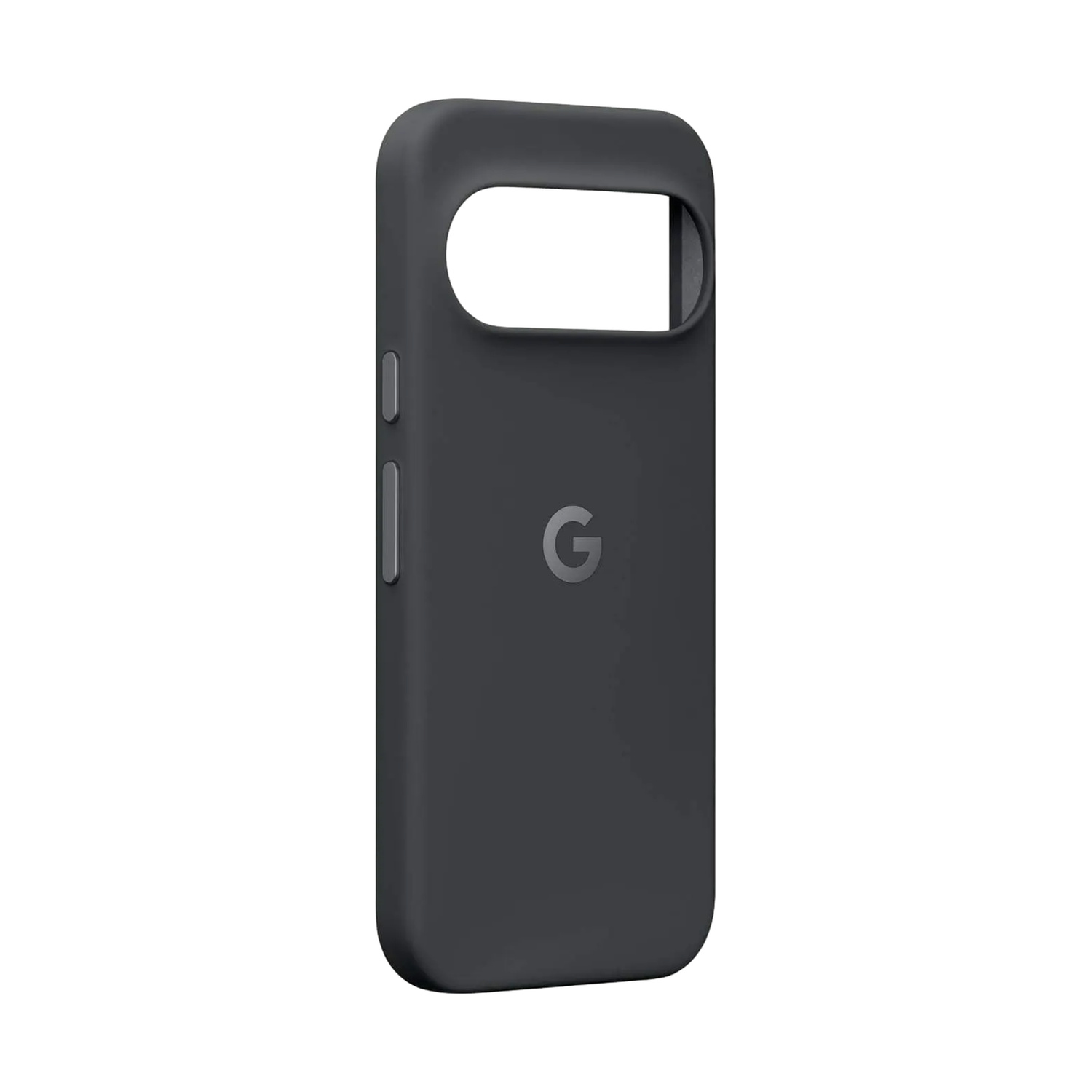 Custodia per smartphone grigio scuro con logo Google e foro per fotocamera.