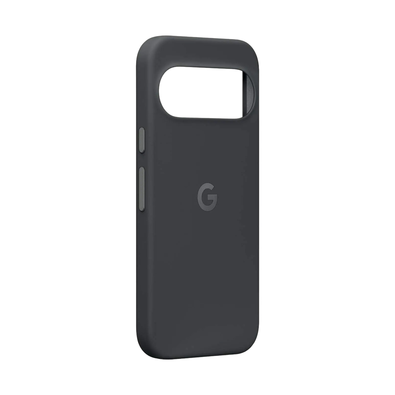 Una custodia grigia per smartphone Google con ritaglio per fotocamera e pulsanti su sfondo bianco.