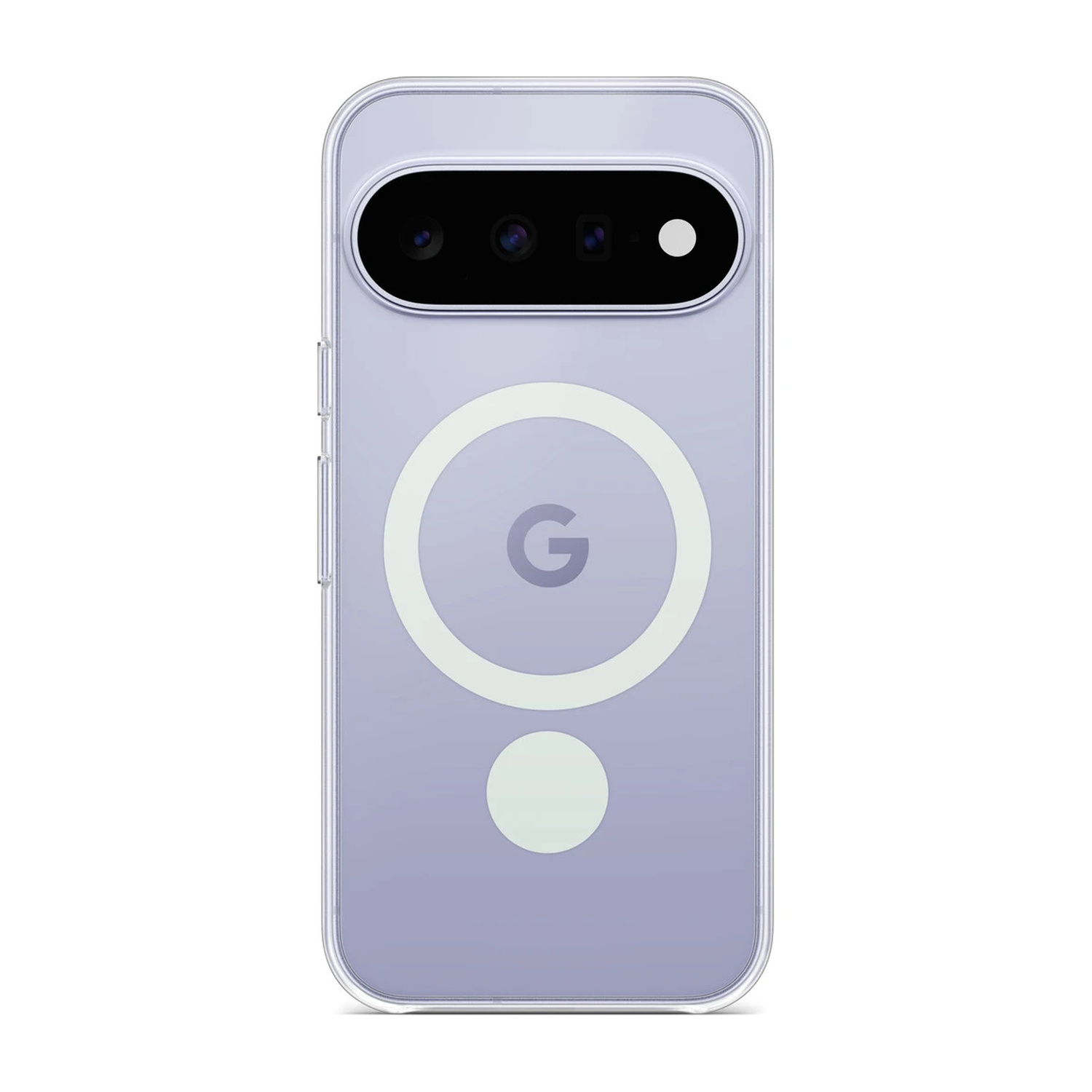 Retro di uno smartphone viola chiaro in custodia trasparente, con barra fotocamera orizzontale e anello MagSafe.