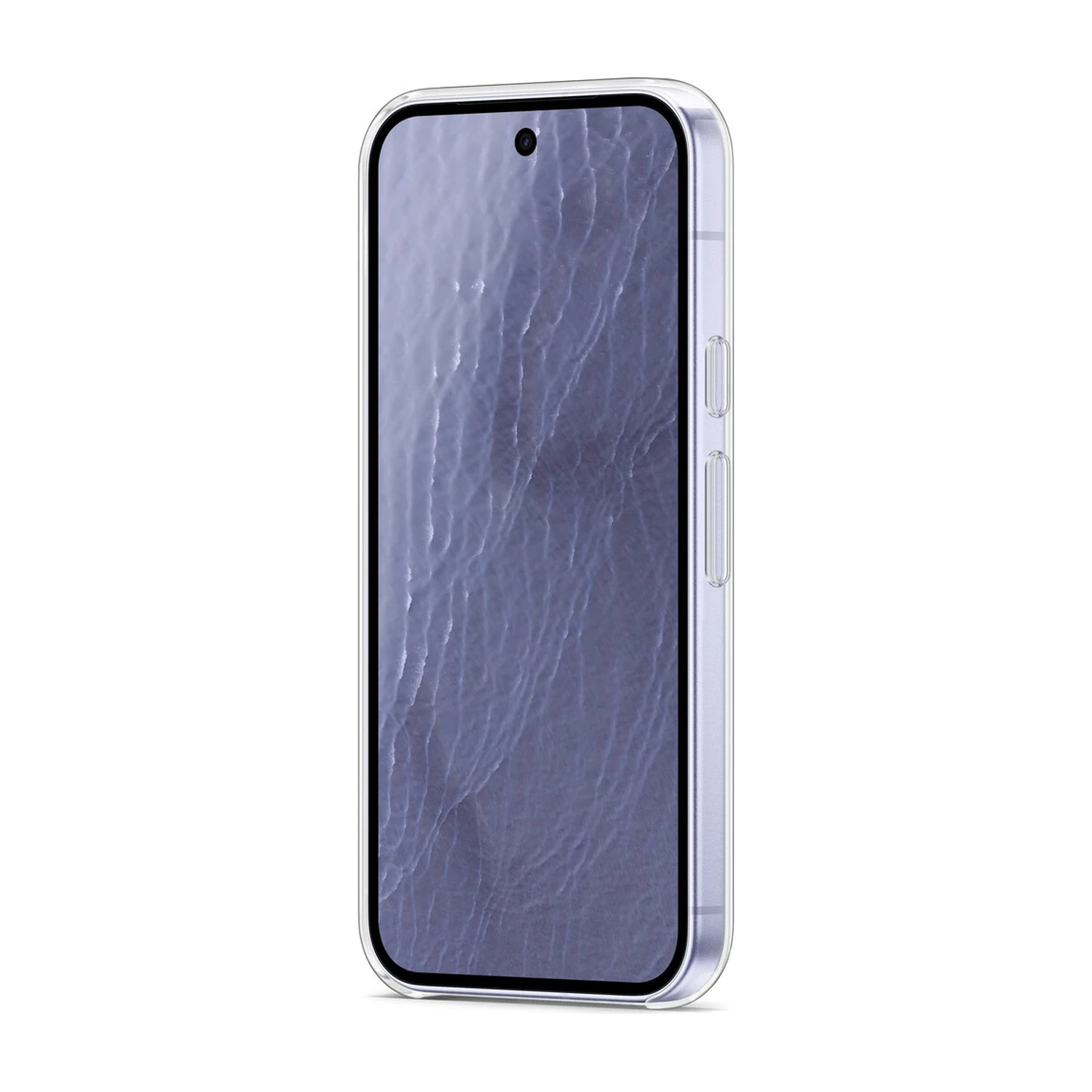 Uno smartphone in una custodia protettiva trasparente con sfondo a onde blu e pulsanti laterali visibili.