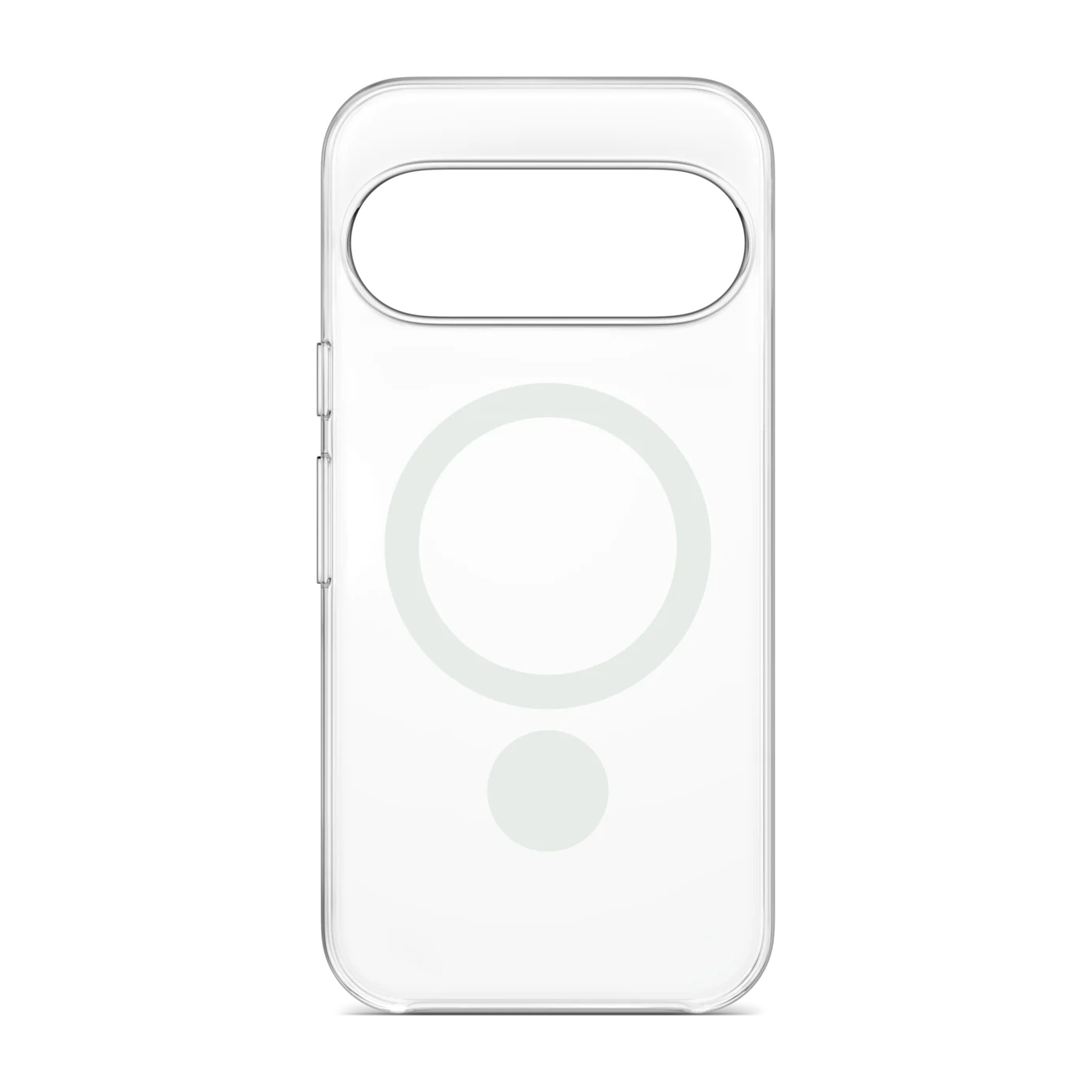 Custodia protettiva trasparente per telefono con ritaglio per fotocamera e simbolo circolare MagSafe sul retro.