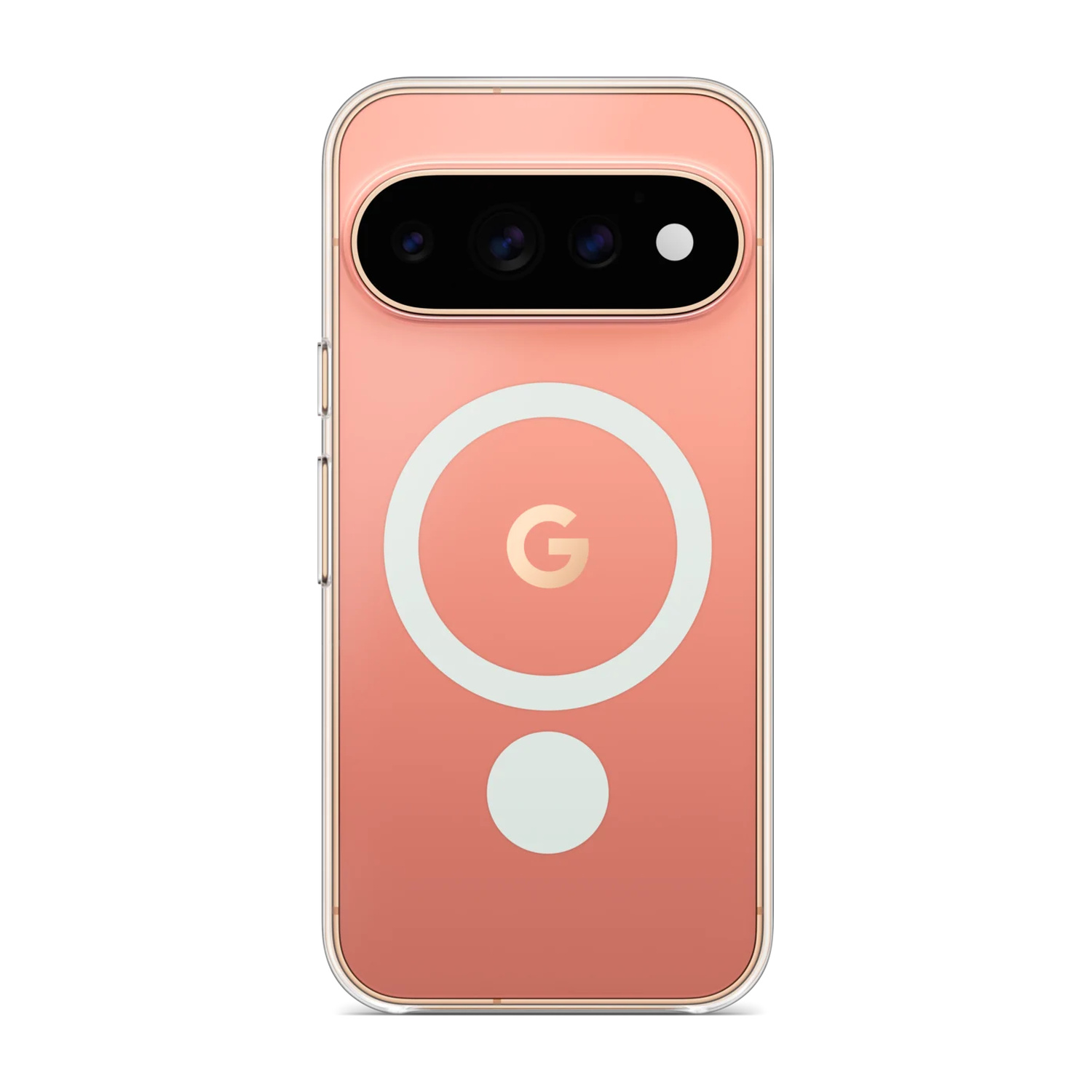 Retro di uno smartphone rosa in custodia trasparente con anello bianco e logo Google.