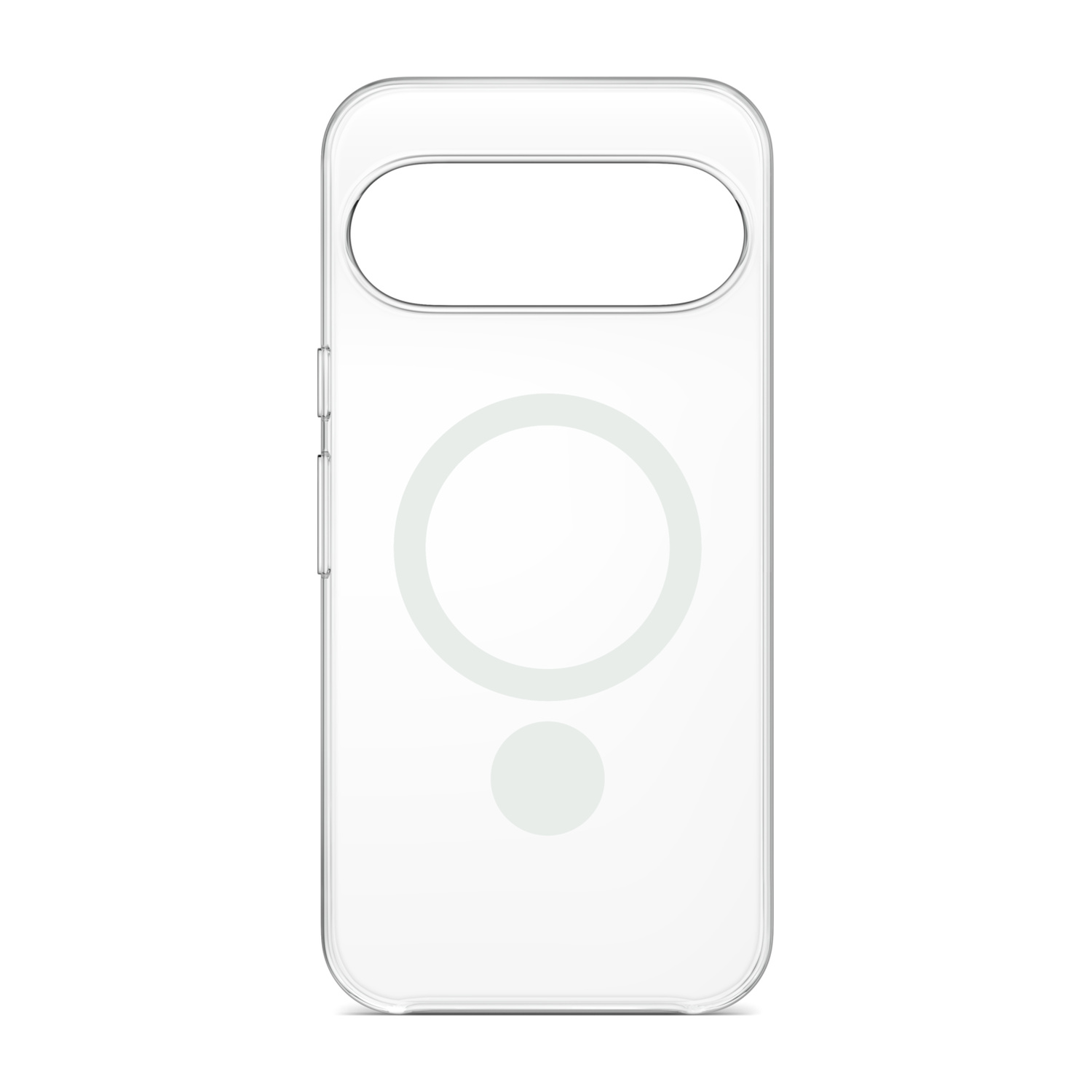 Custodia per telefono trasparente con ritaglio per fotocamera e anello magnetico su sfondo bianco.
