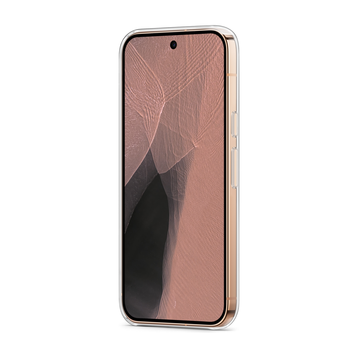 Uno smartphone in una custodia protettiva trasparente con grafica dello schermo rosa.