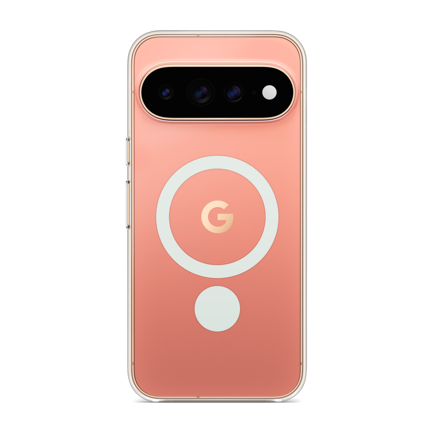 Retro di uno smartphone rosa in cover trasparente con anello MagSafe bianco e logo Google.