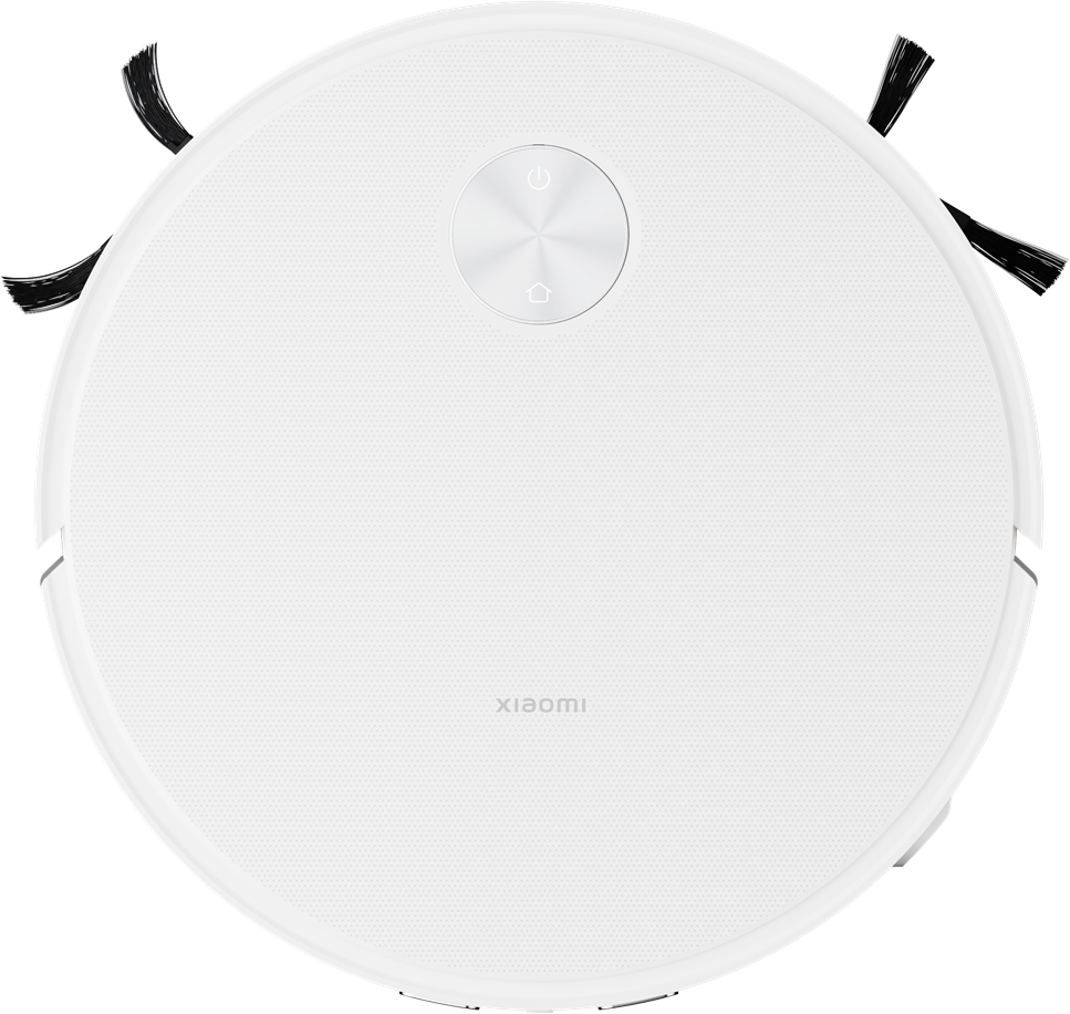 Felülnézetben egy fehér Xiaomi robotporszívó, két oldalkefével és egy ezüst vezérlőgombbal.