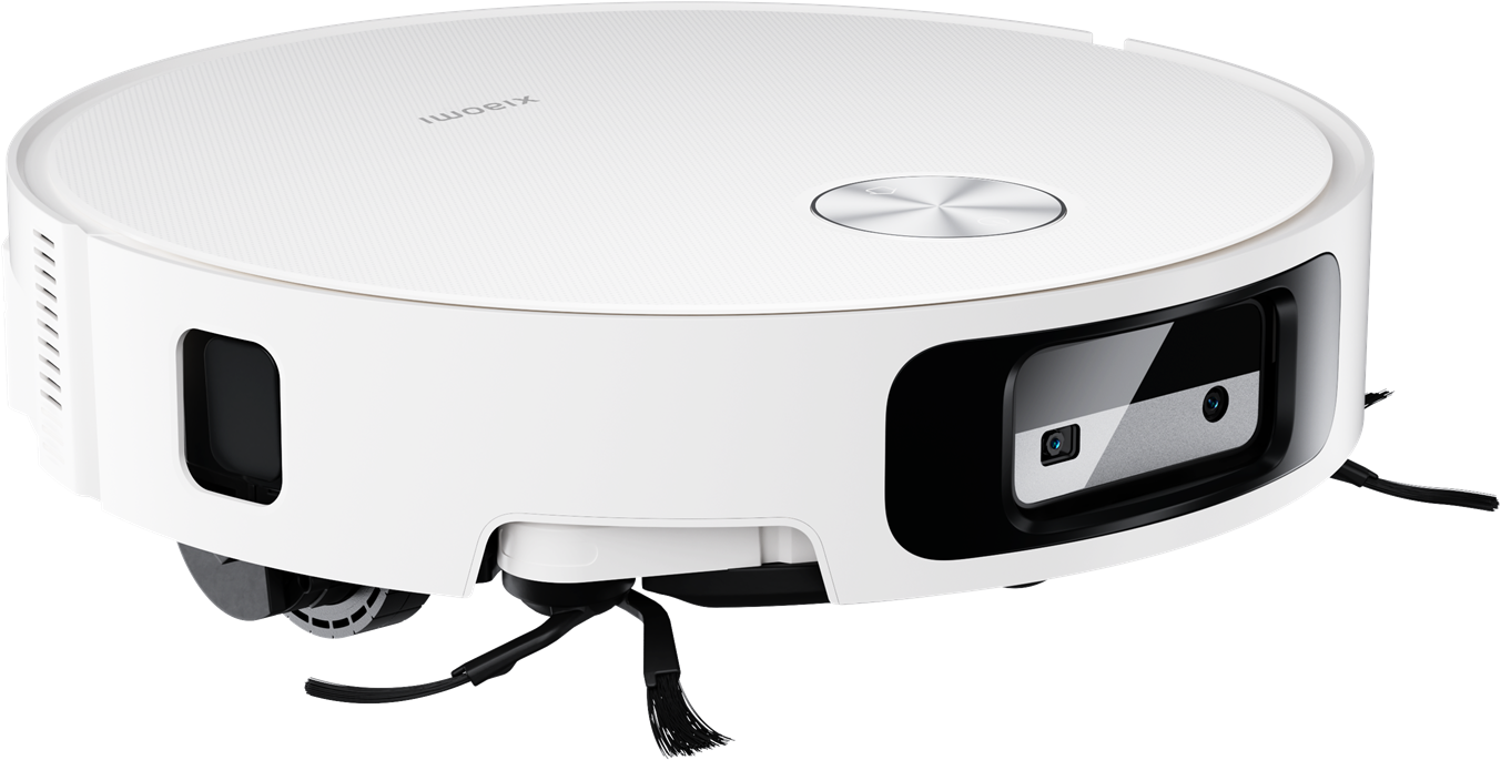 Egy fehér Xiaomi robotporszívó érzékelőkkel és kamerákkal fekete háttér előtt.