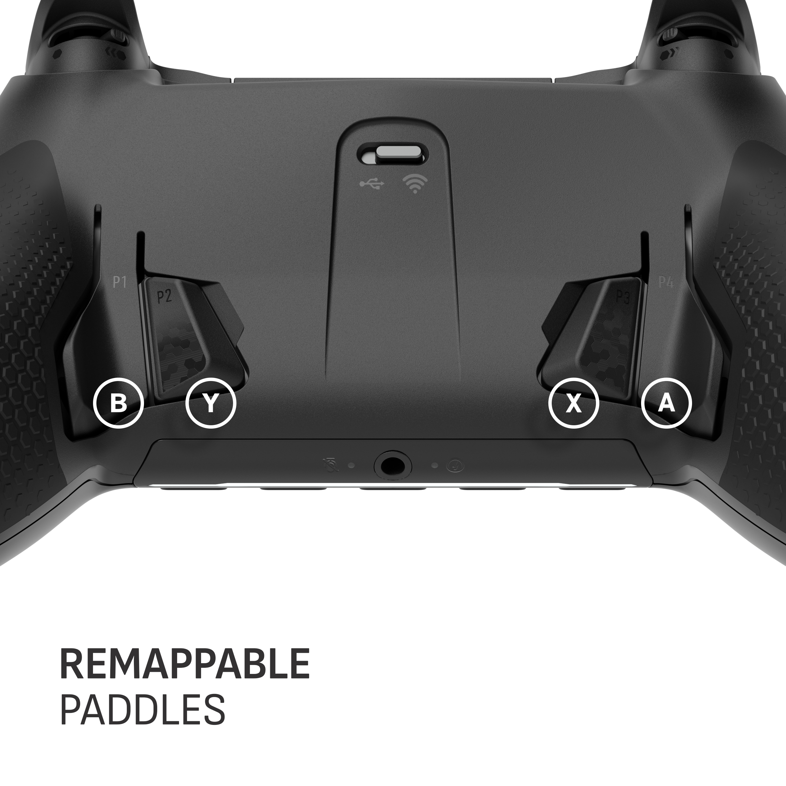 Rückseite eines schwarzen Controllers mit vier programmierbaren Tasten und Griffen.