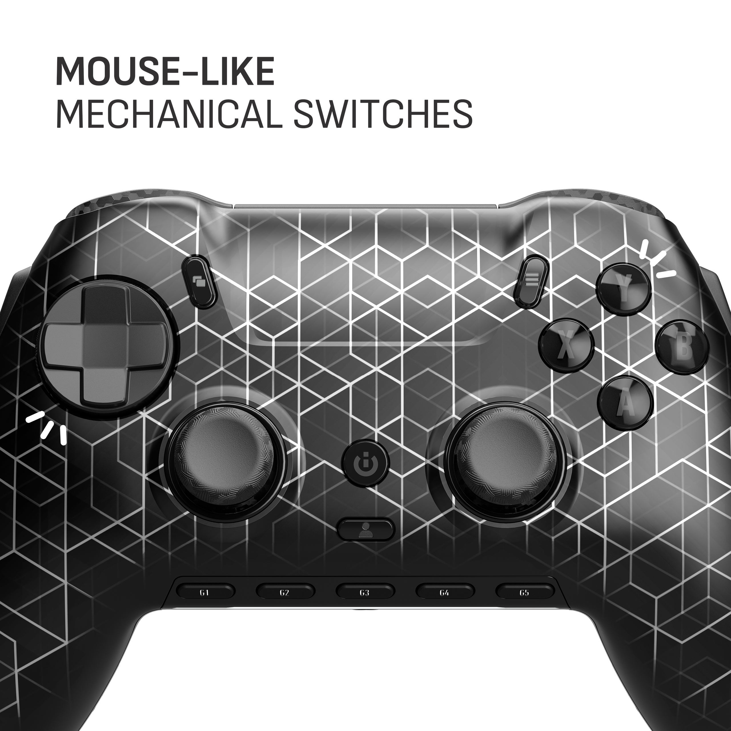 Gamepad mit Hexagon-Muster und Text MOUSE-LIKE MECHANICAL SWITCHES.