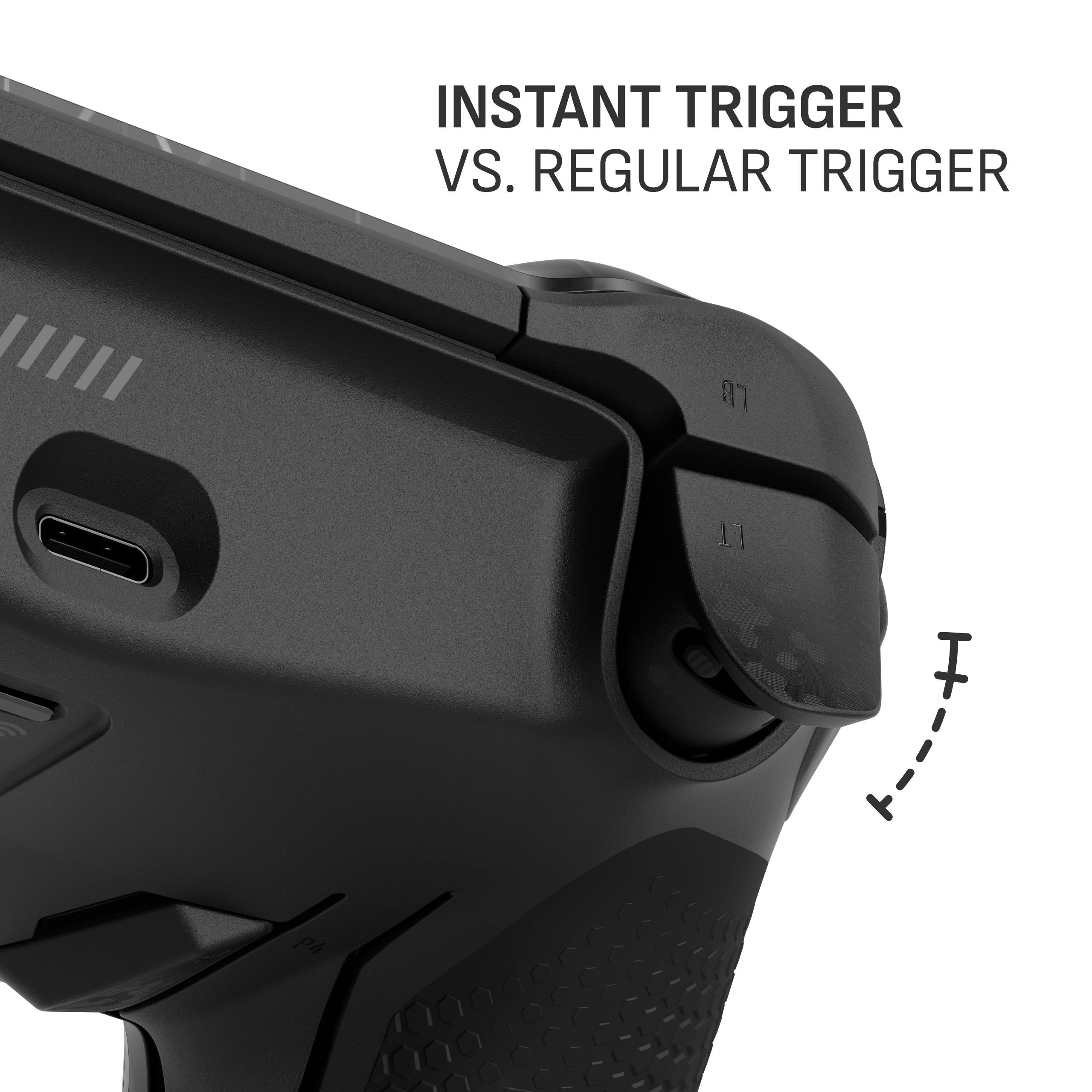 Nahaufnahme eines schwarzen Gamepad-Auslösers mit Text und einem USB-C-Anschluss.