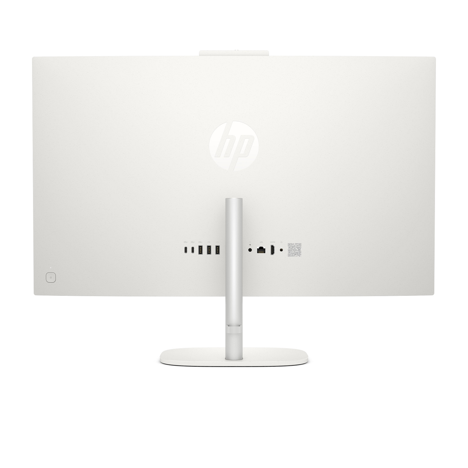 Vista trasera de un ordenador HP todo en uno blanco con soporte, puertos y logotipo de HP sobre fondo blanco.