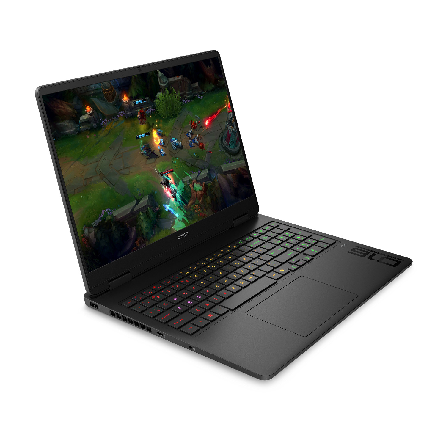 Portátil para juegos OMEN negro sobre fondo blanco, que muestra un videojuego en la pantalla.
