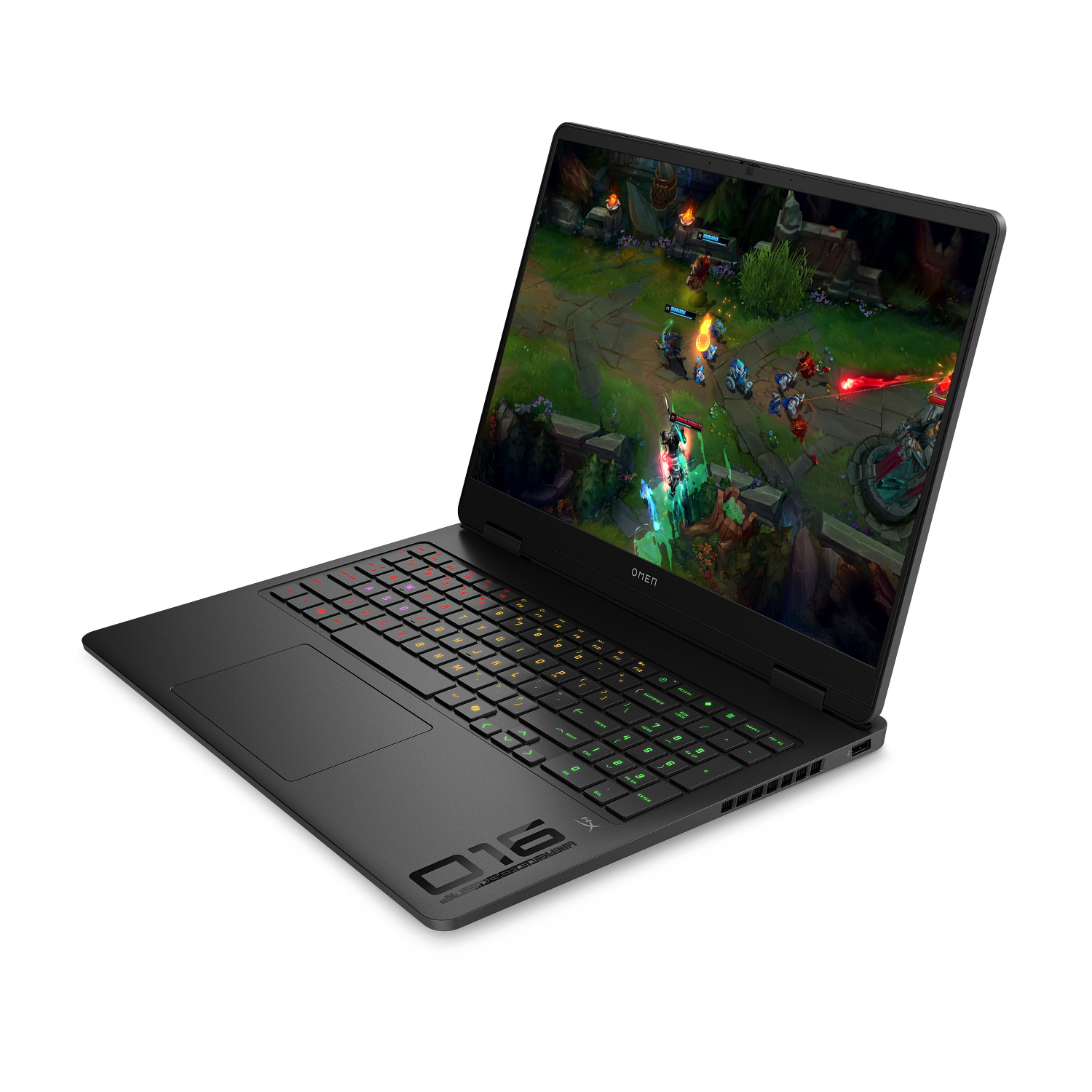 Portátil negro OMEN para juegos con teclado retroiluminado y un videojuego en la pantalla.