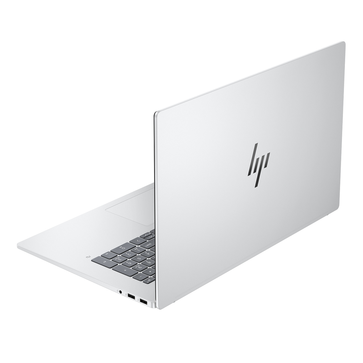 Un ordenador portátil HP plateado sobre fondo blanco muestra el logotipo de HP en la parte trasera.