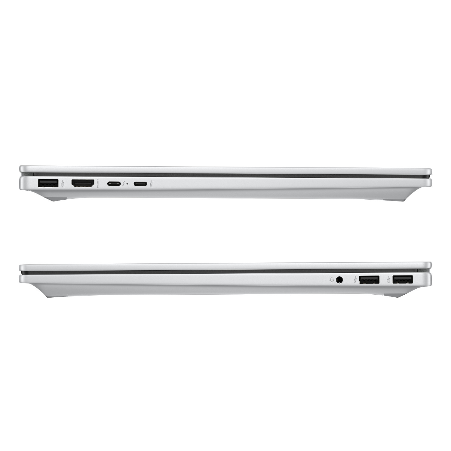 Vistas laterales de un portátil plateado con puertos USB, HDMI y para auriculares sobre fondo blanco.