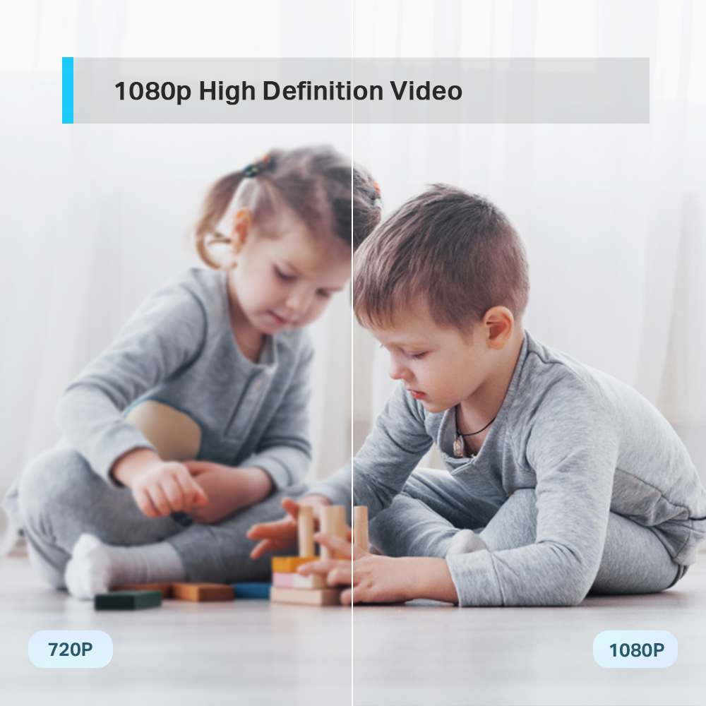 Egy homályos 720p-s kép és egy tiszta, 1080p-s nagy felbontású kép összehasonlítása játszó gyerekekről.