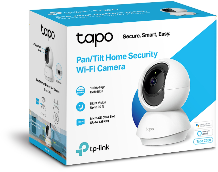 A Tapo C200 Wi-Fi biztonsági kamera csomagolása, fehér eszközzel és kék részletekkel.