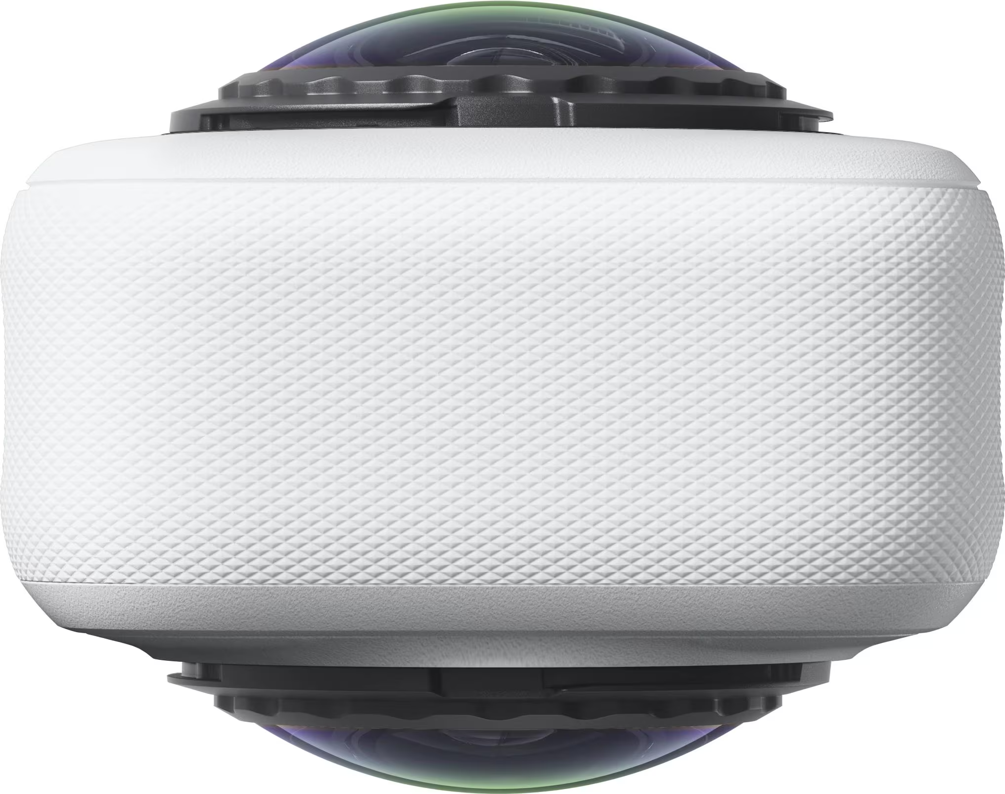 Una telecamera cilindrica bianca a 360 gradi con due lenti a cupola sopra e sotto.