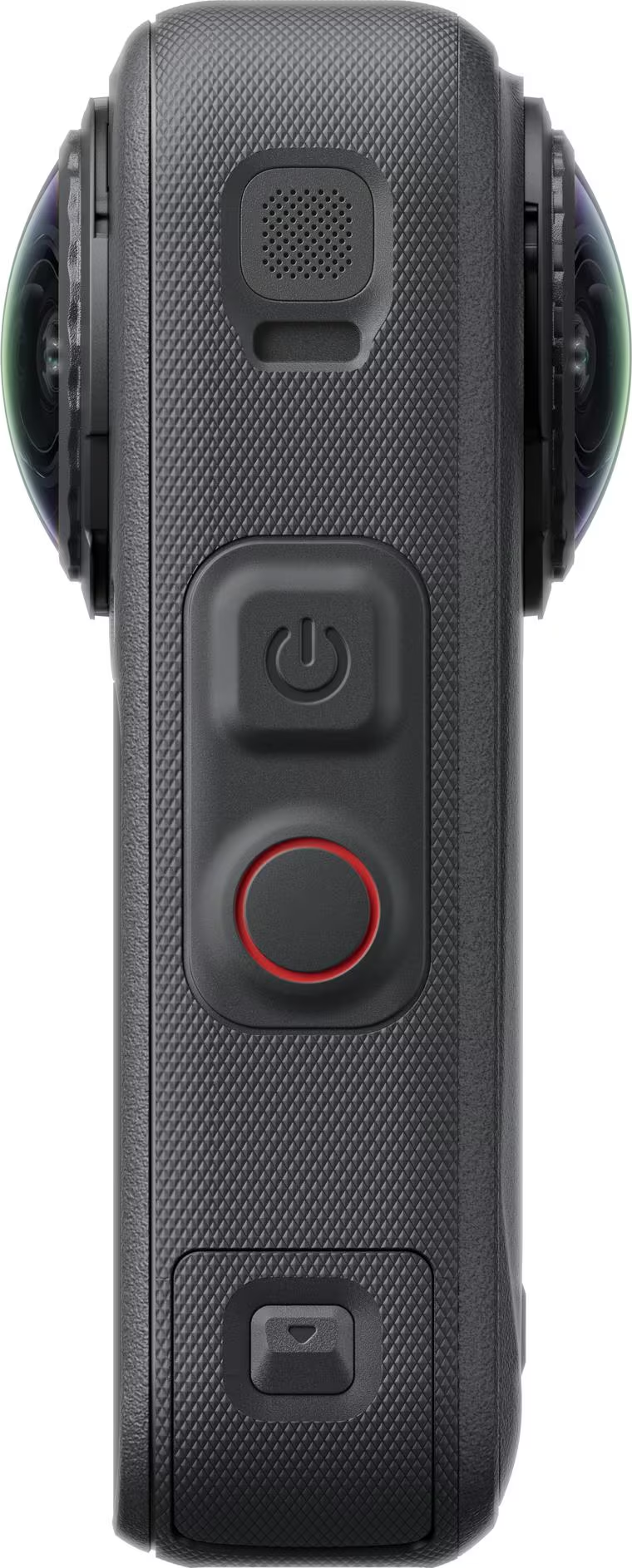 Una action cam 360 nera presenta impugnatura testurizzata, doppie lenti, pulsante di accensione e scatto rosso.
