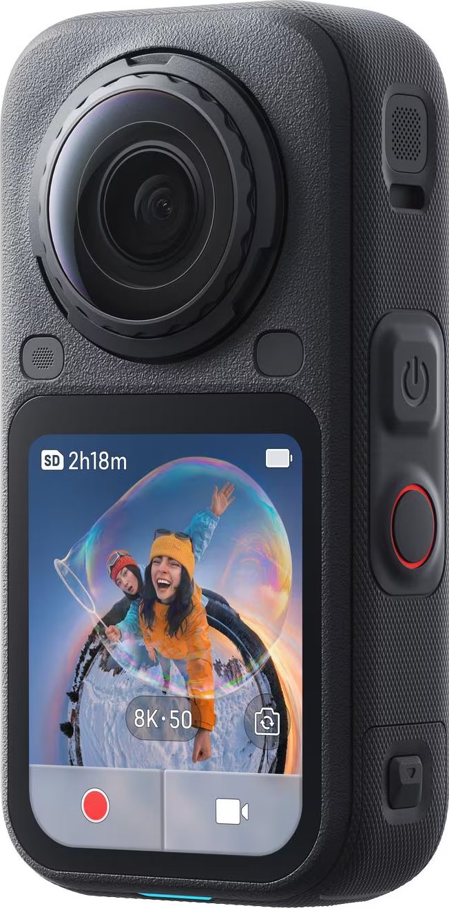 Action camera nera con grande obiettivo frontale e schermo LCD che mostra due persone all'interno di una bolla.