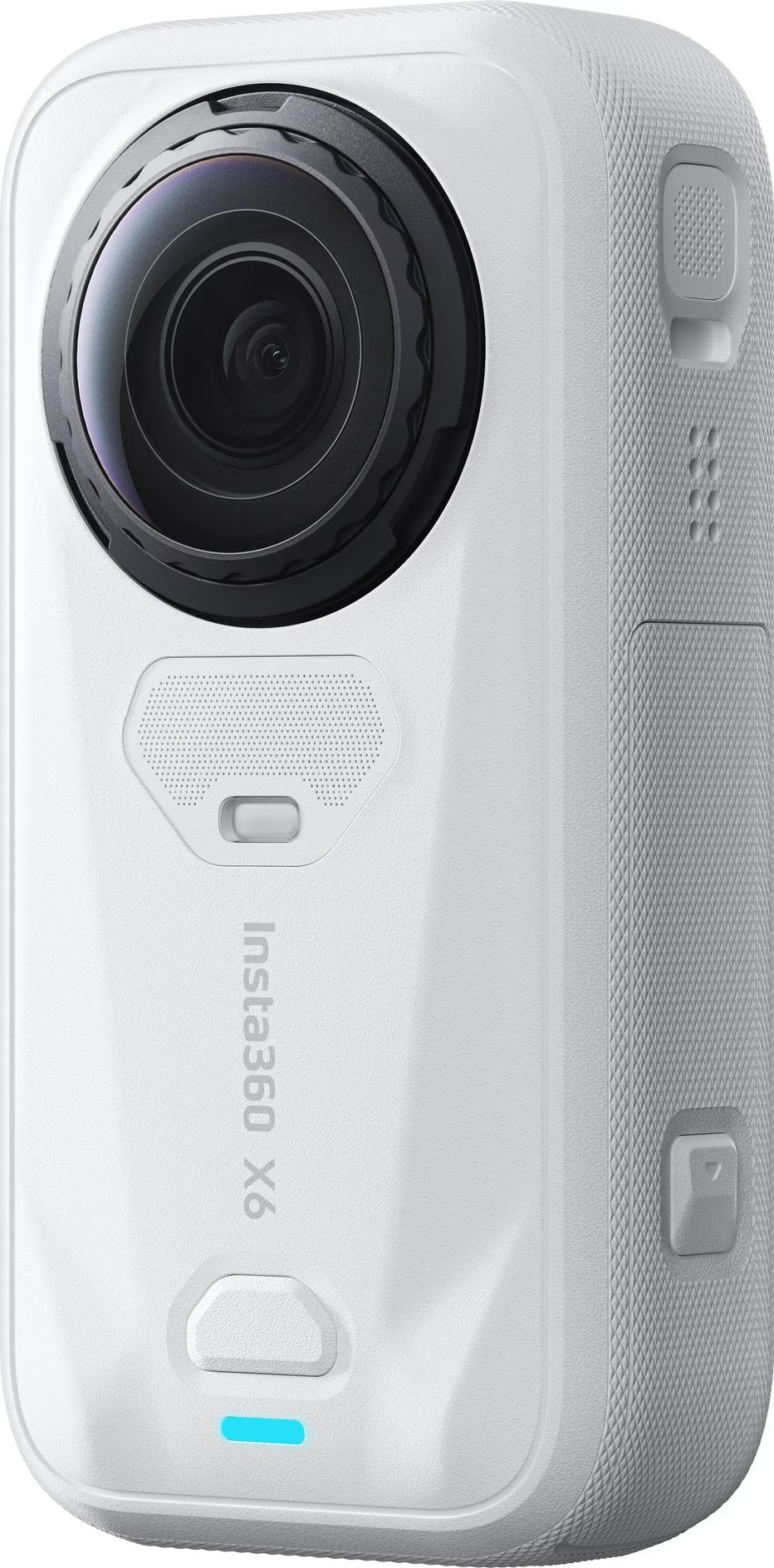 Unaaction camera Insta360 X6 bianca con lente nera e luce blu su sfondo bianco.