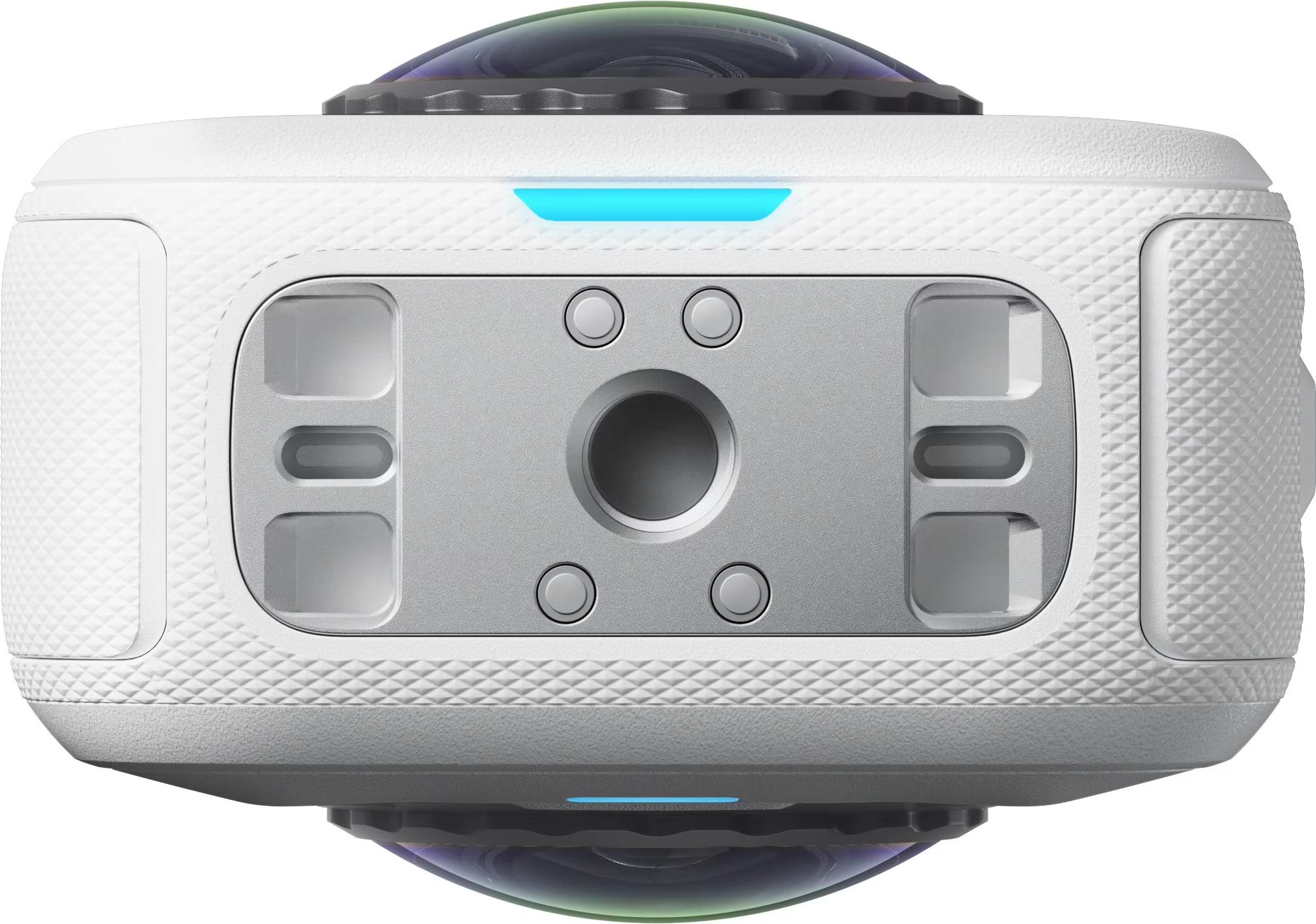 Telecamera bianca a 360 gradi con supporto centrale, piastra argentata e indicatori LED blu su sfondo bianco.