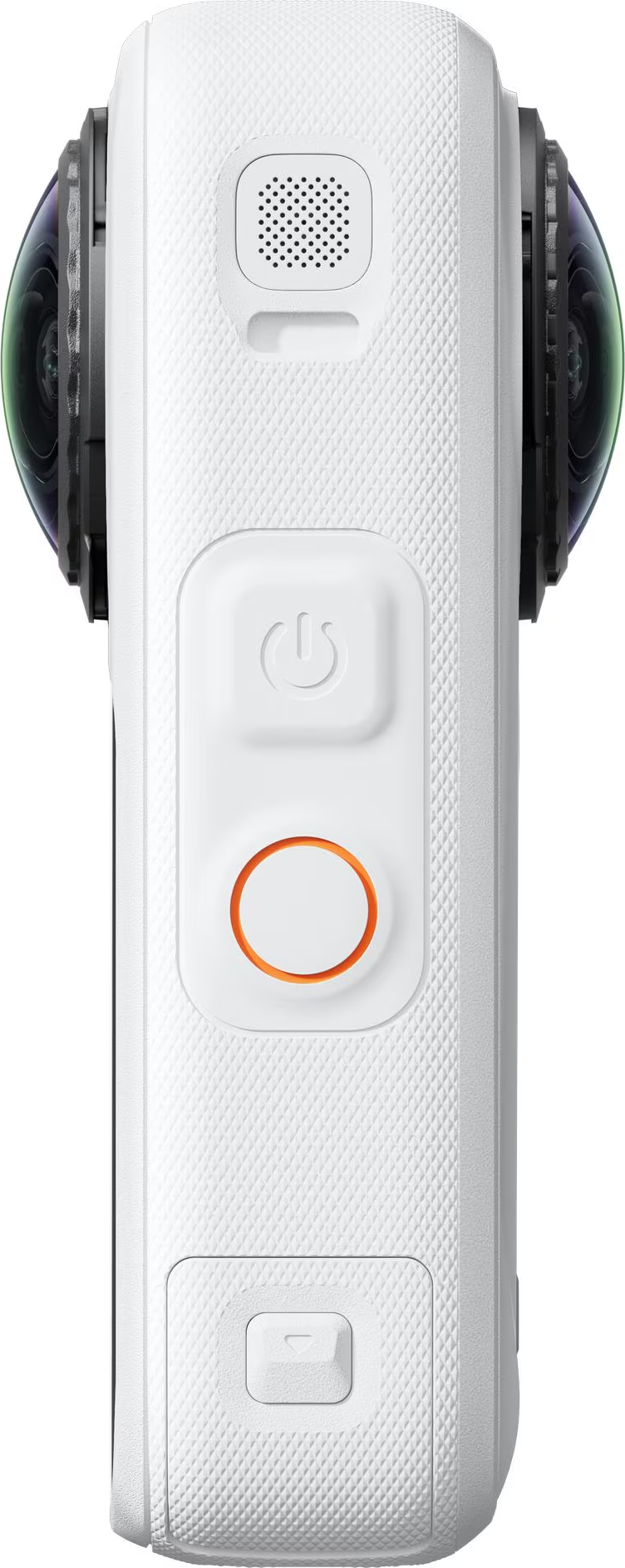 Una fotocamera bianca a 360 gradi con obiettivi fisheye, pulsante di accensione e scatto.