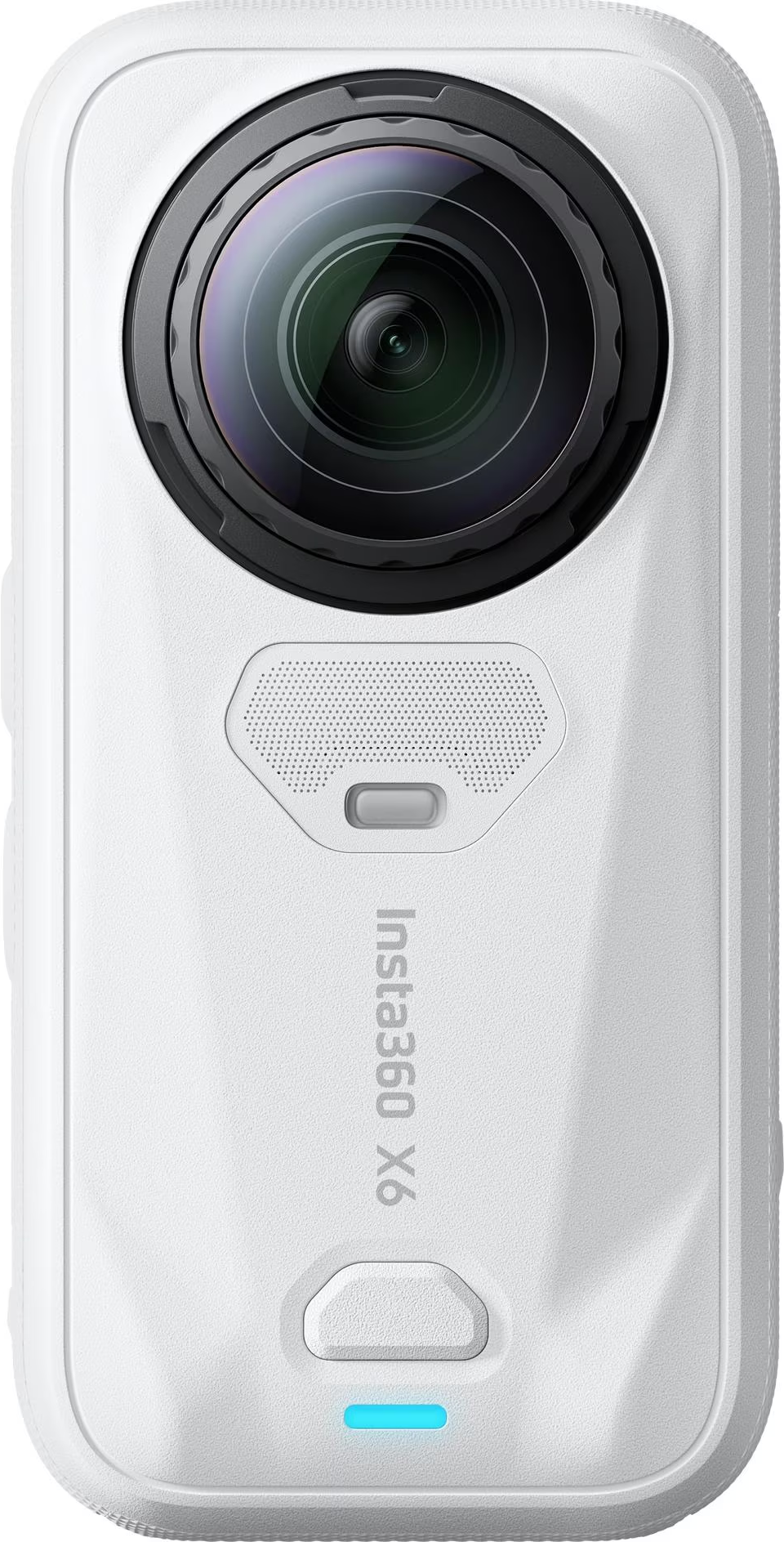 Una action camera bianca Insta360 X6 con un grande obiettivo rotondo e logo sulla parte anteriore.
