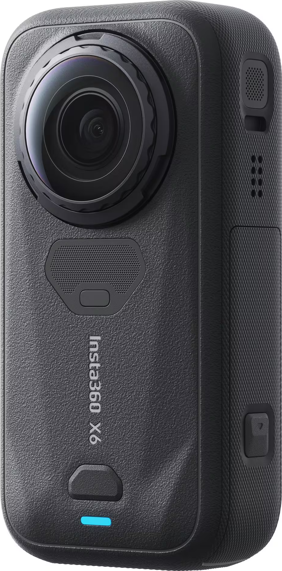 Action camera Insta360 X4 nera con grande obiettivo fisheye, altoparlante e logo su corpo testurizzato.