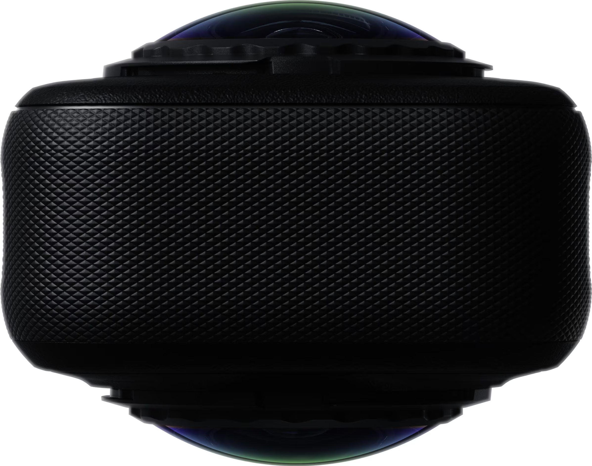 Una telecamera a 360 gradi nera e compatta con corpo strutturato e due lenti arrotondate.