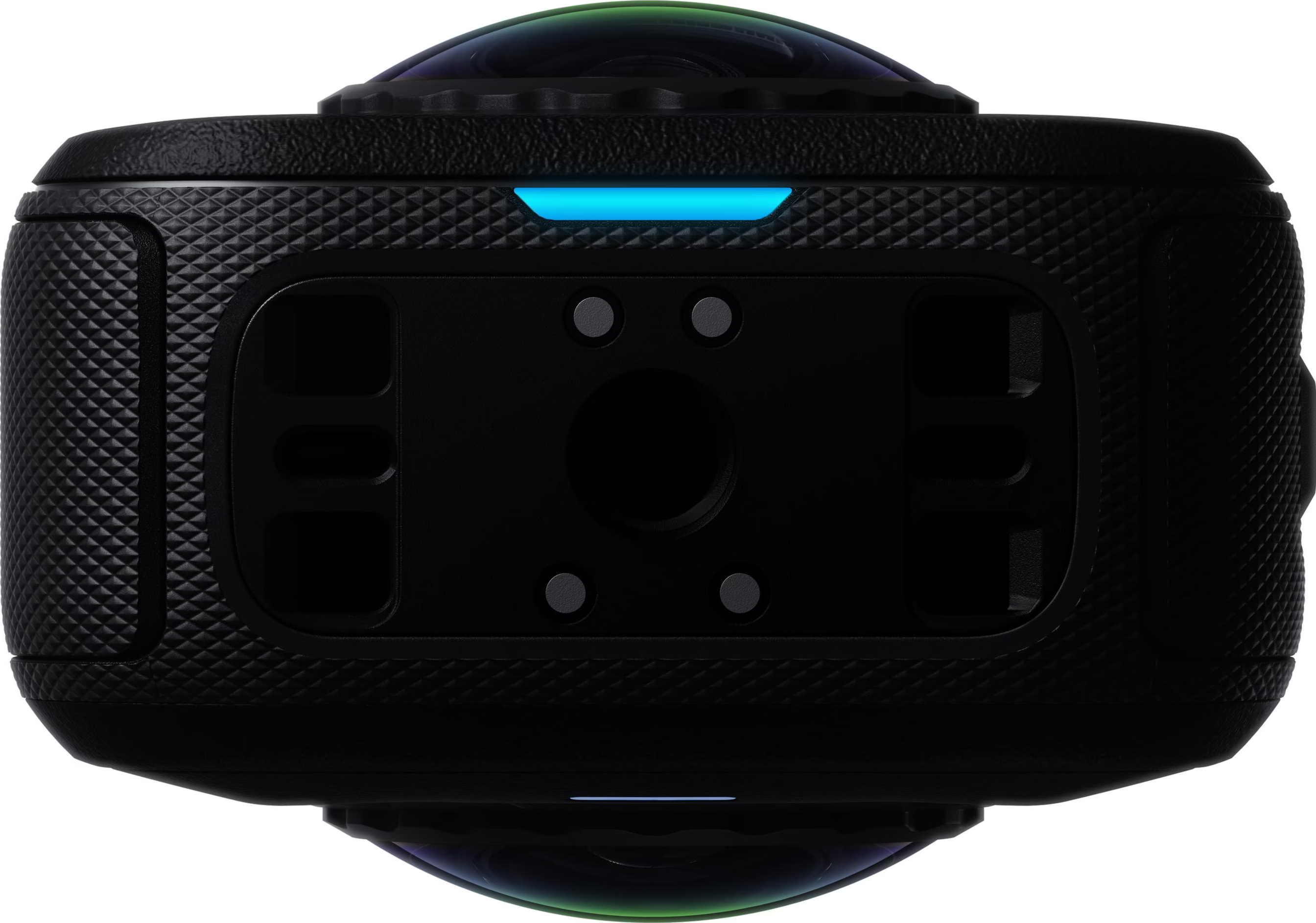 Dispositivo fotocamera a 360 gradi nero con impugnatura testurizzata, luce LED blu e piastra di montaggio.