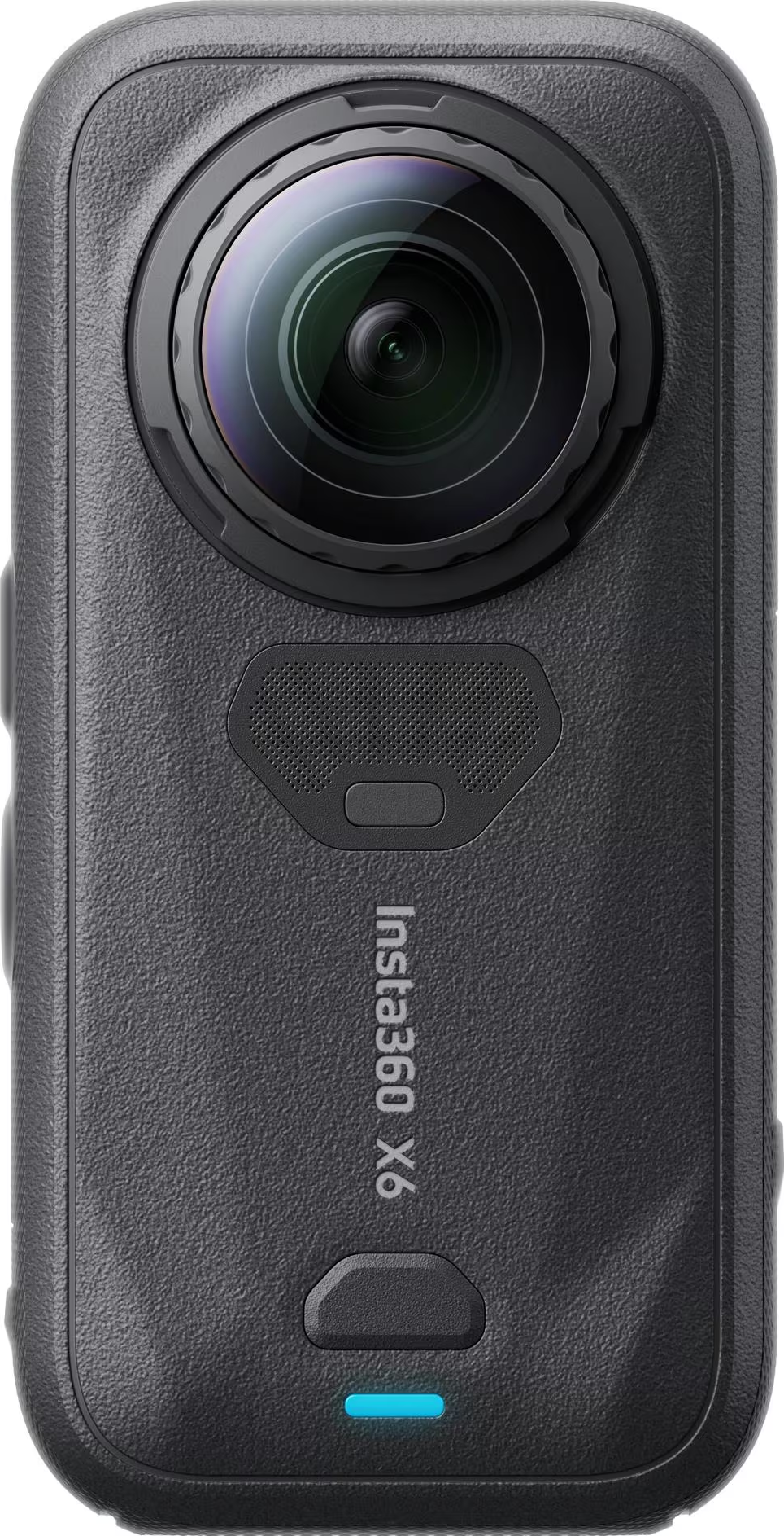 Action camera Insta360 X6 nera con obiettivo grande e corpo testurizzato su sfondo grigio.