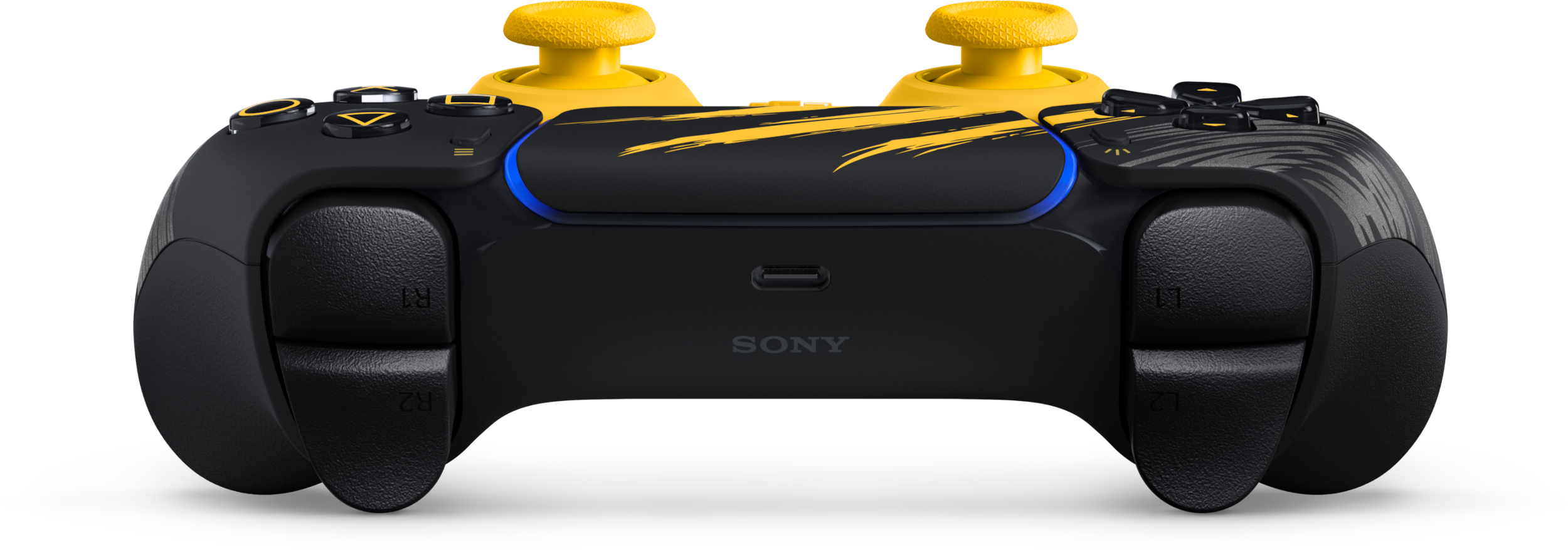 Fekete Sony PlayStation vezérlő sárga hüvelykujjkarokkal és feltűnő sárga karcolásokkal a felső érintőpárnán.