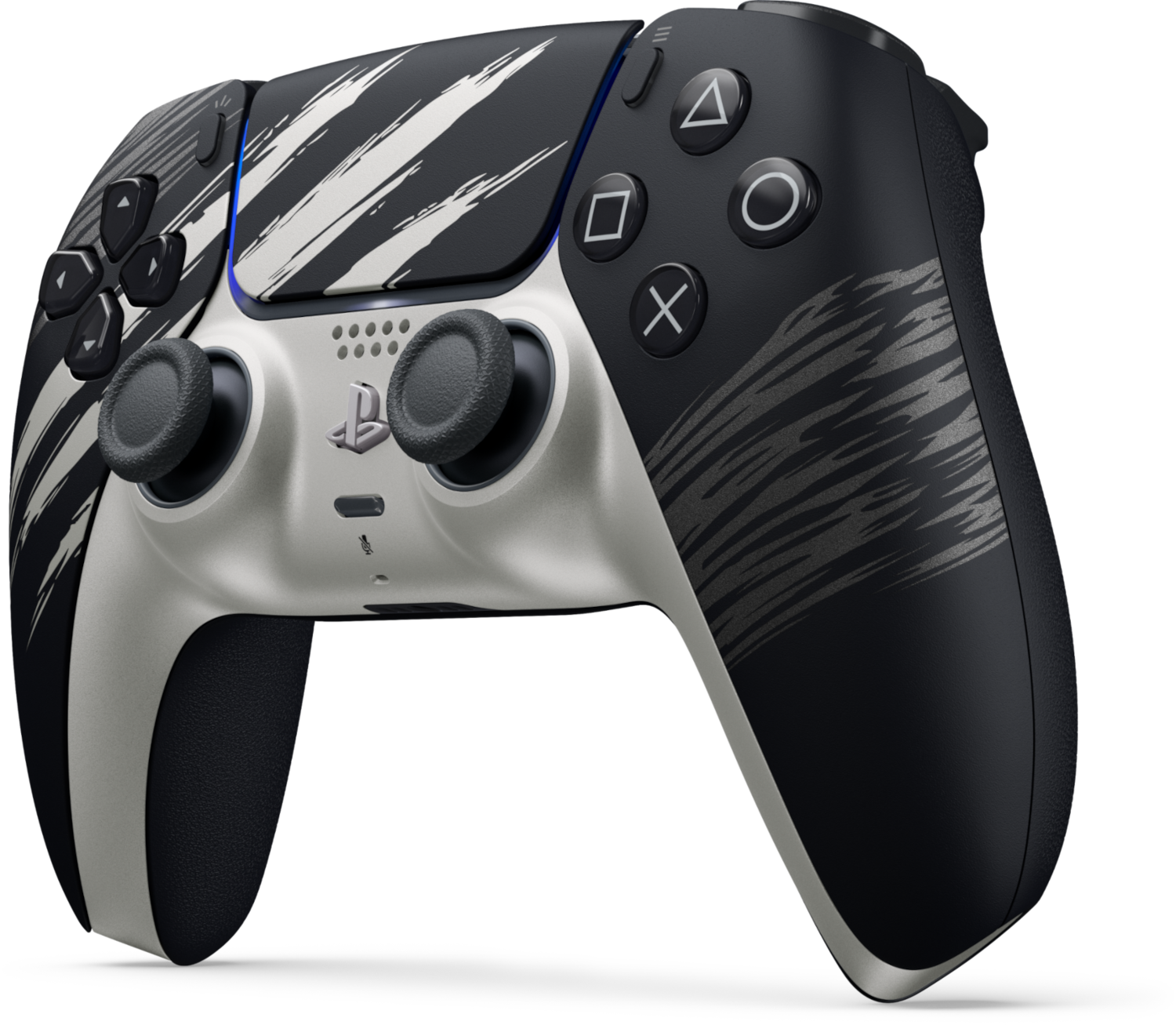 Egy fekete-szürke PlayStation 5 kontroller, szembetűnő fehér karcolás mintákkal a burkolaton.