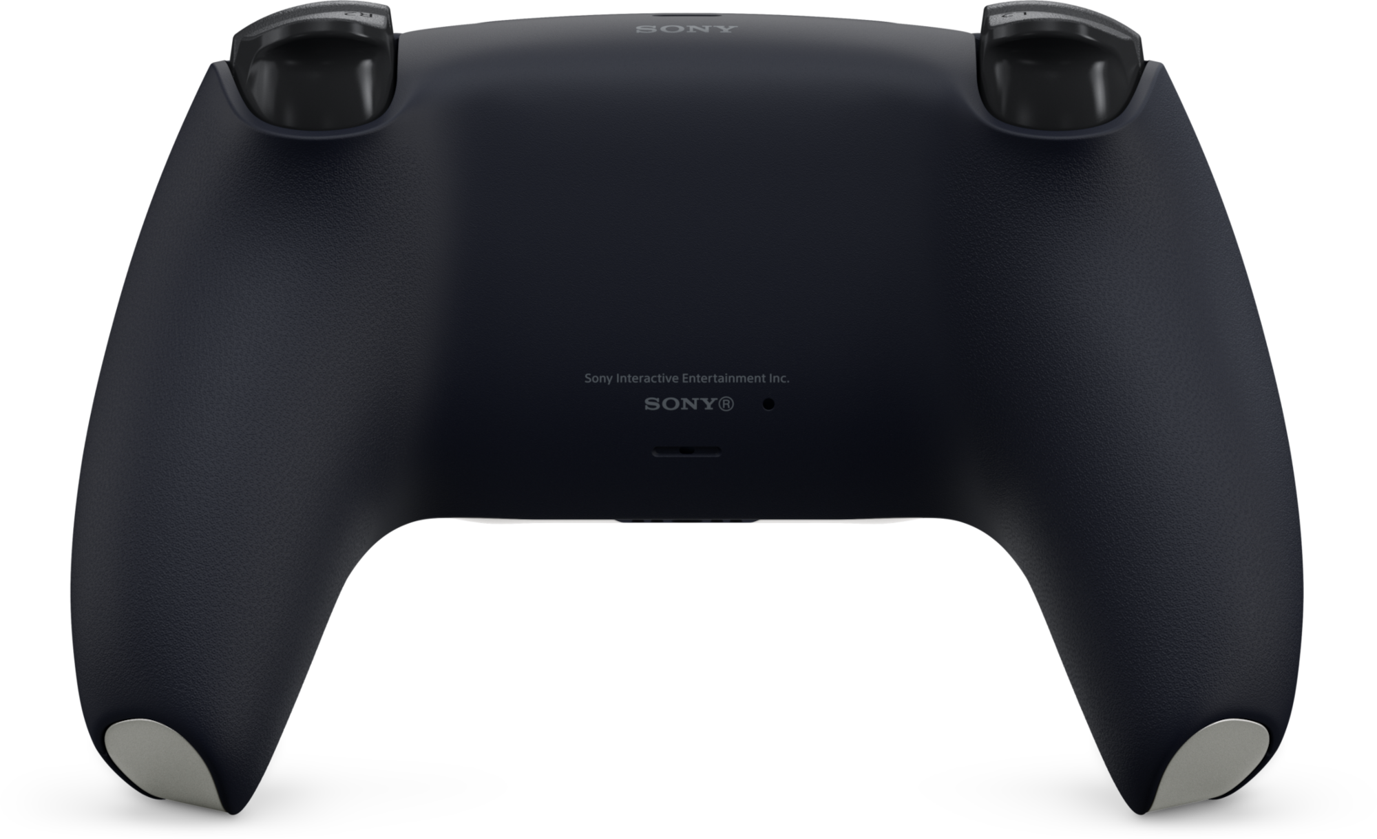 Fekete Sony PlayStation 5 DualSense kontroller hátulnézete fekete háttér előtt.