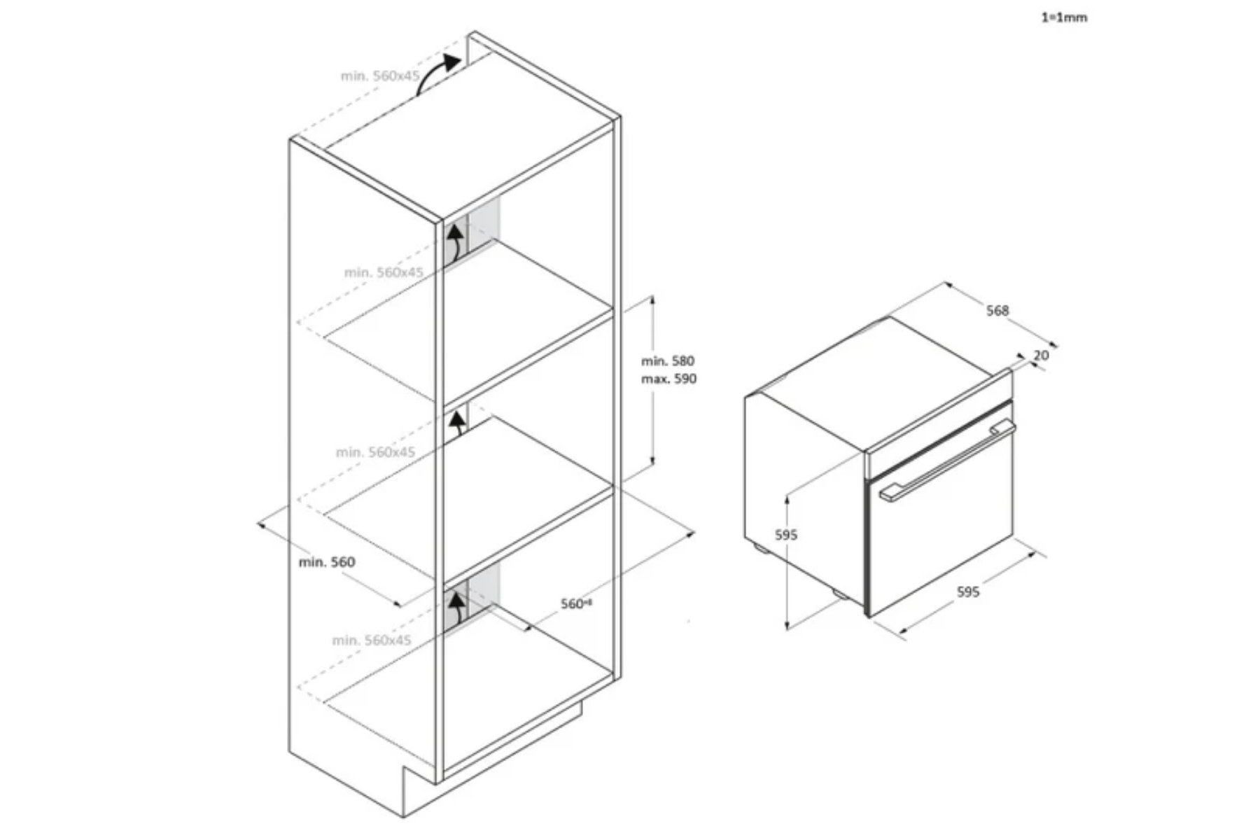 Dibujo técnico de un armario alto y un horno con dimensiones en milímetros.