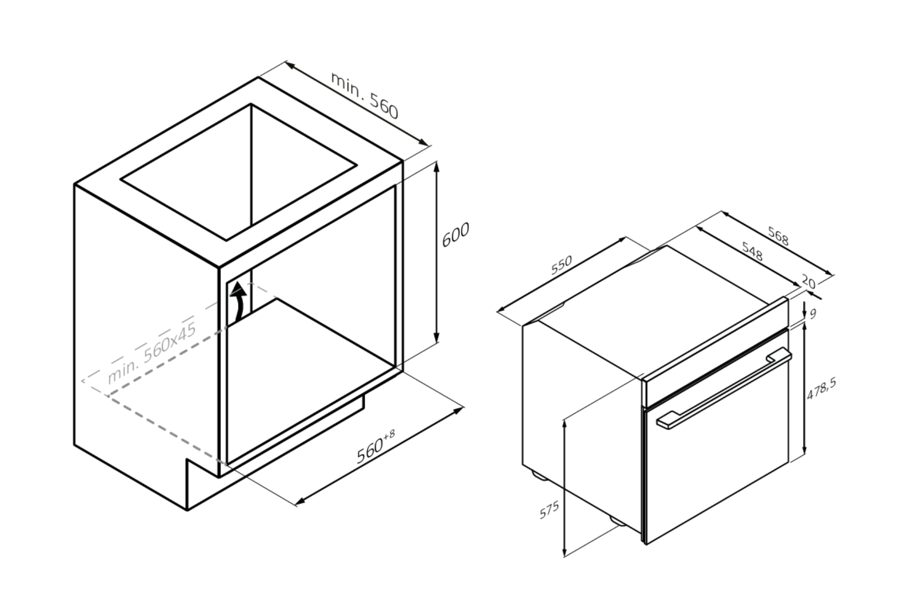 Dibujo técnico de un armario de cocina y un electrodoméstico empotrable con dimensiones en milímetros.